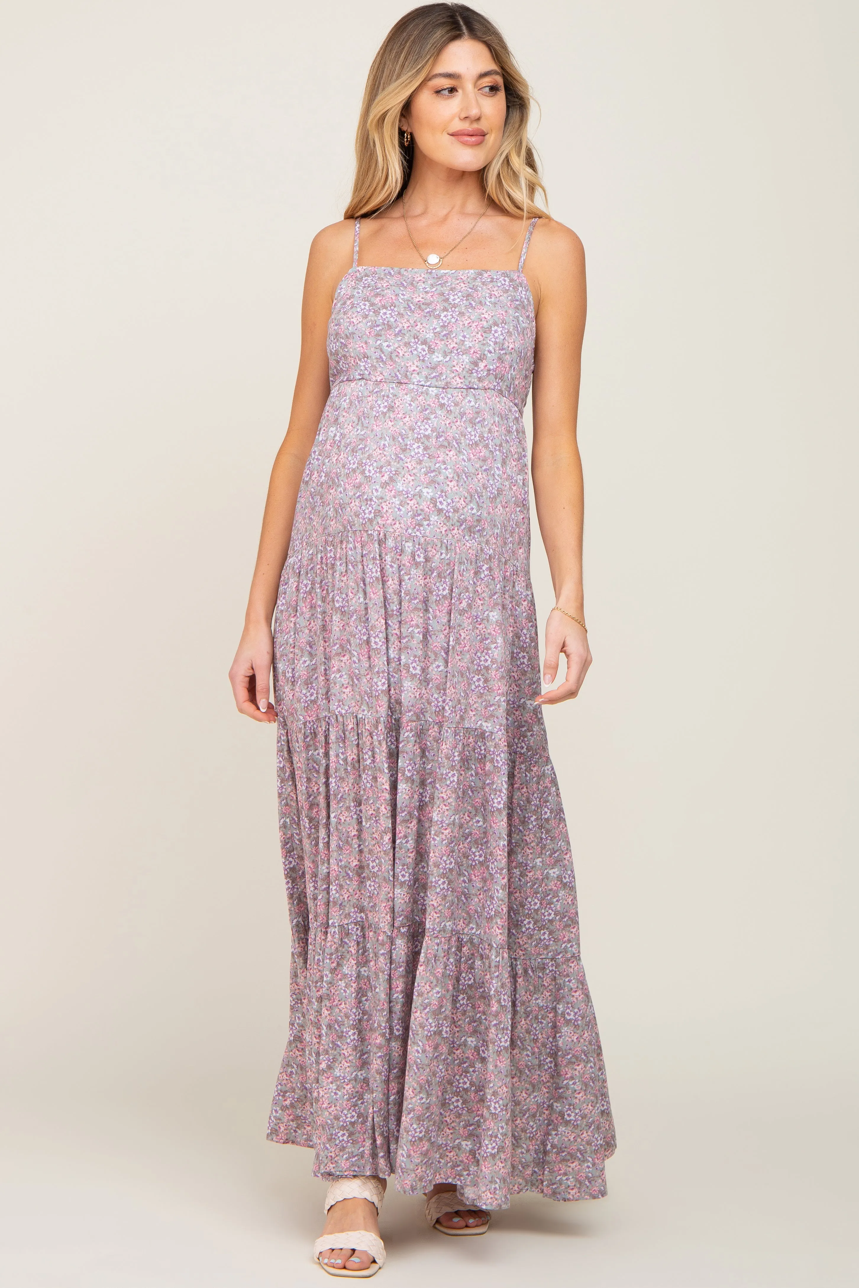 Pink Floral Tiered Maternity Maxi Dress sold by Pinkblush product image thumbnail 4
