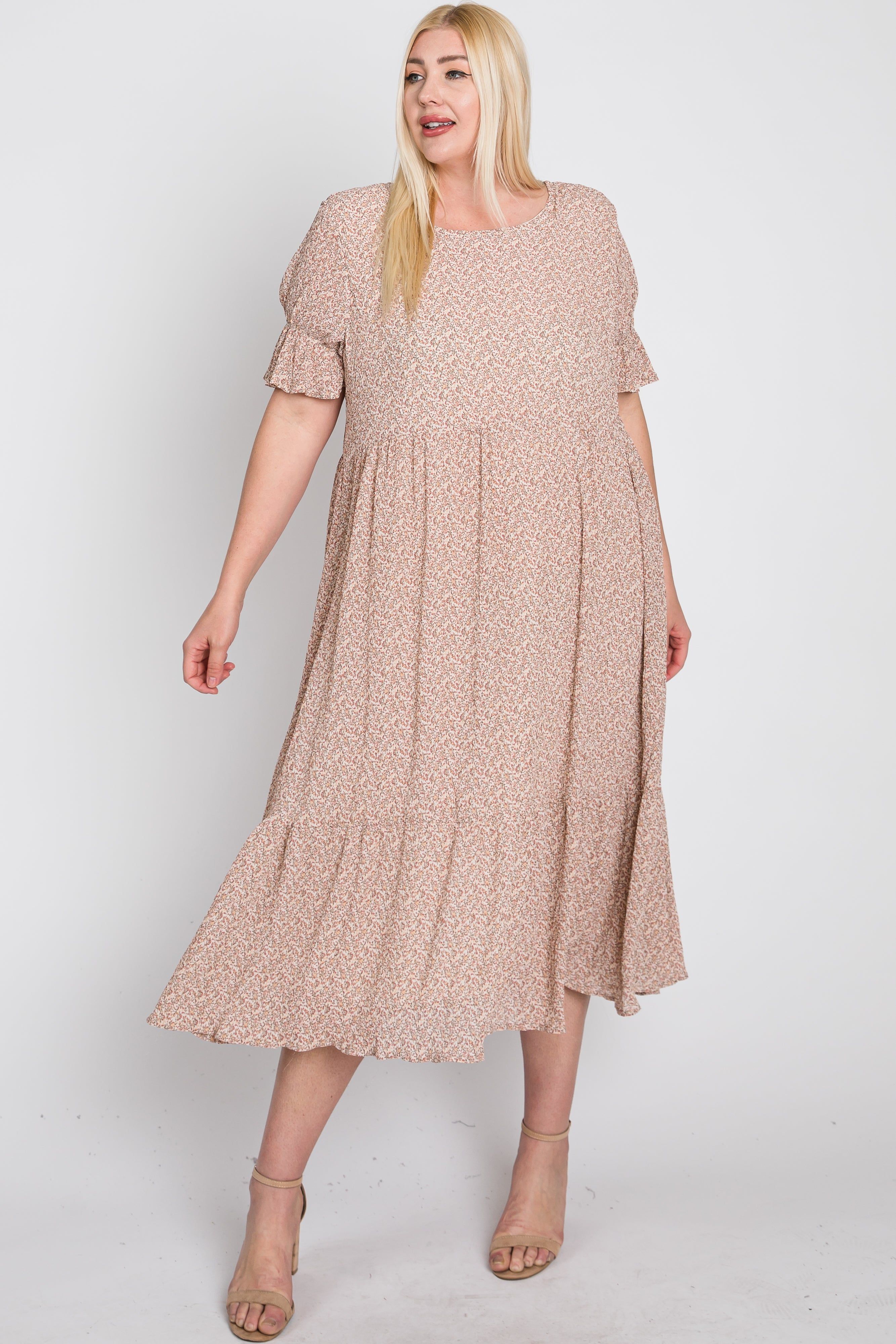 Pink Floral Pleated Chiffon Ruffle Sleeve Plus Midi Dress sold by Pinkblush product image thumbnail 5