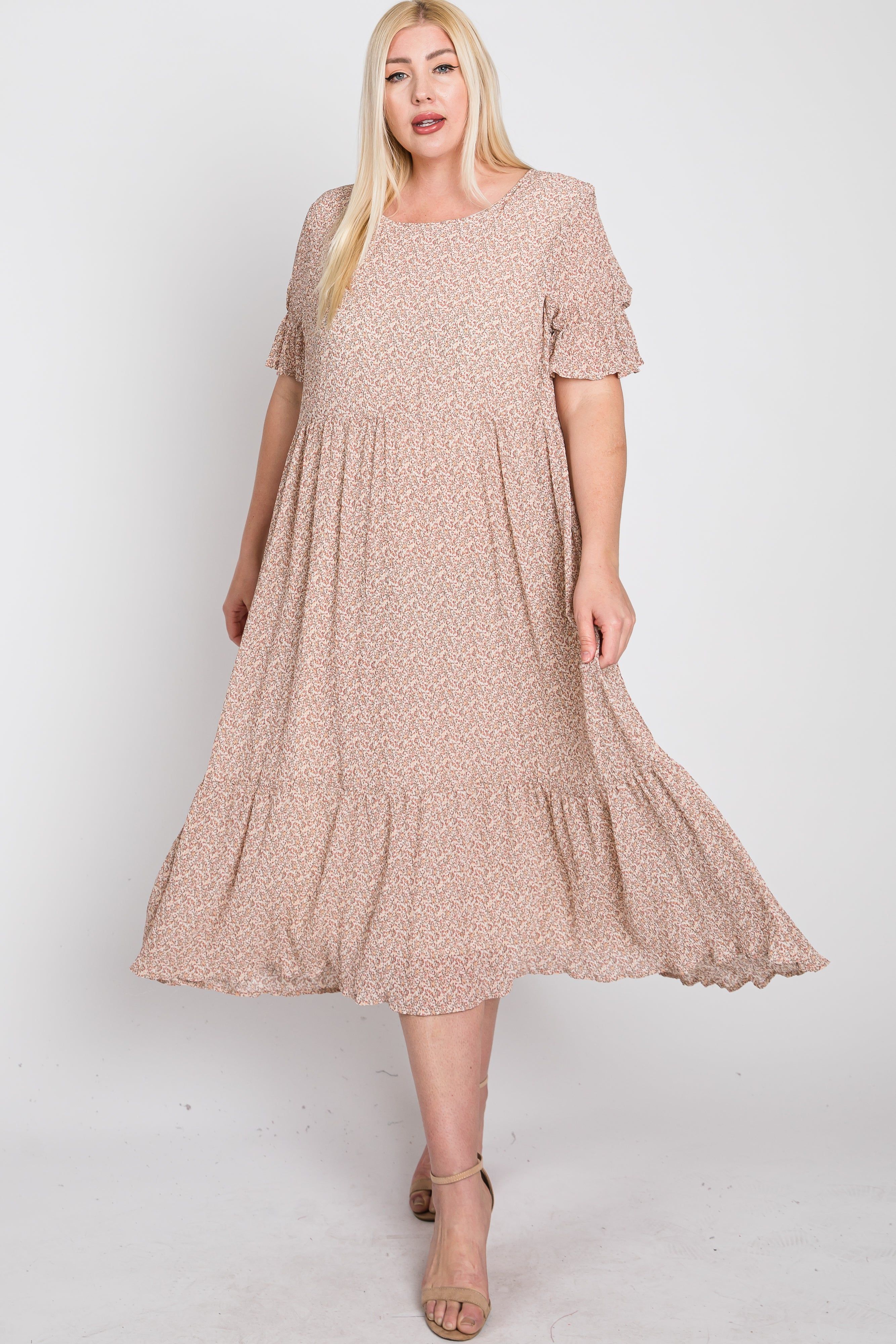 Pink Floral Pleated Chiffon Ruffle Sleeve Plus Midi Dress sold by Pinkblush product image thumbnail 2