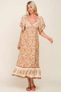 Cream Floral Print Wrap V-Neck Maternity Midi Dress sold by Pinkblush