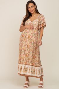 Cream Floral Print Wrap V-Neck Maternity Midi Dress sold by Pinkblush