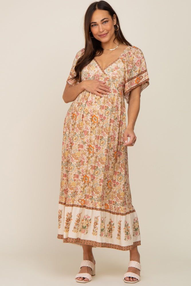 Cream Floral Print Wrap V-Neck Maternity Midi Dress sold by Pinkblush product image thumbnail 2