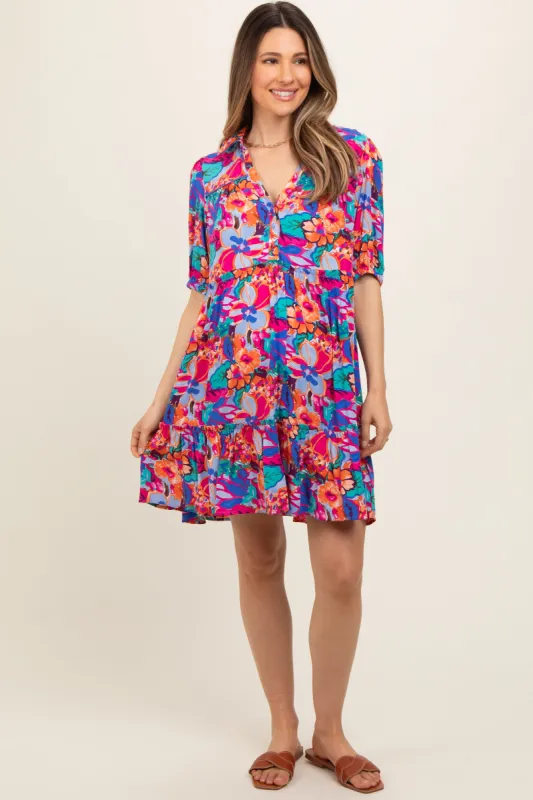 Blue Floral Button Short Sleeve Maternity Dress sold by Pinkblush