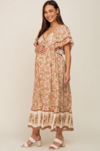 Cream Floral Print Wrap V-Neck Maternity Midi Dress sold by Pinkblush