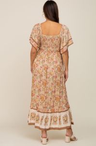 Cream Floral Print Wrap V-Neck Maternity Midi Dress sold by Pinkblush