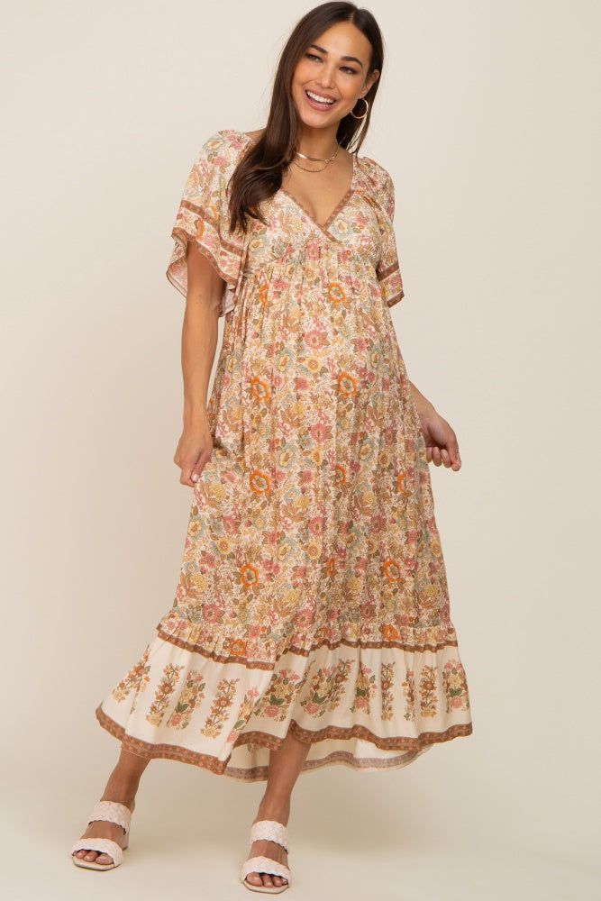 Cream Floral Print Wrap V-Neck Maternity Midi Dress sold by Pinkblush