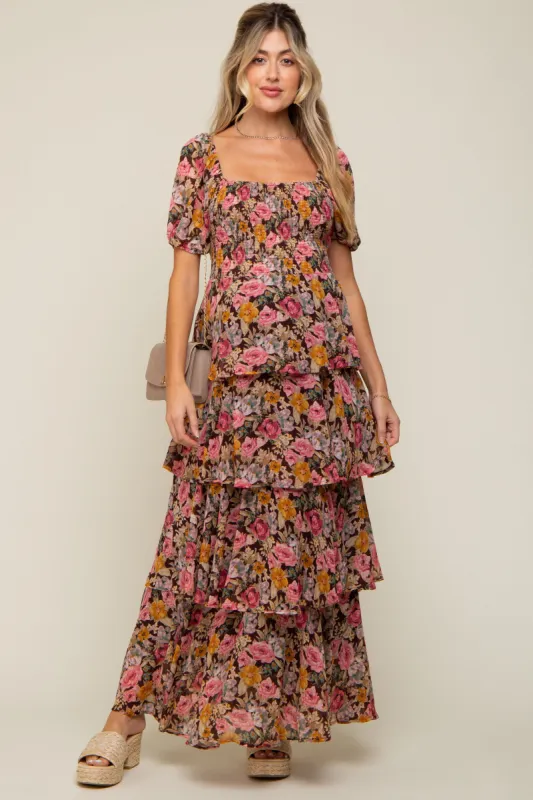 Brown Floral Smocked Square Neck Ruffle Layered Maternity Maxi Dress sold by Pinkblush