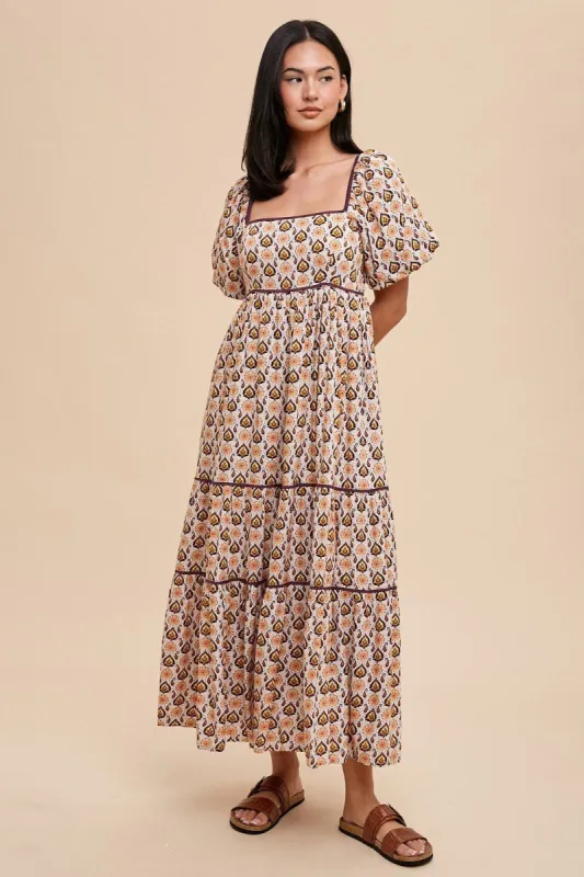 Brown Floral Print Puff Sleeve Maxi Dress sold by Pinkblush