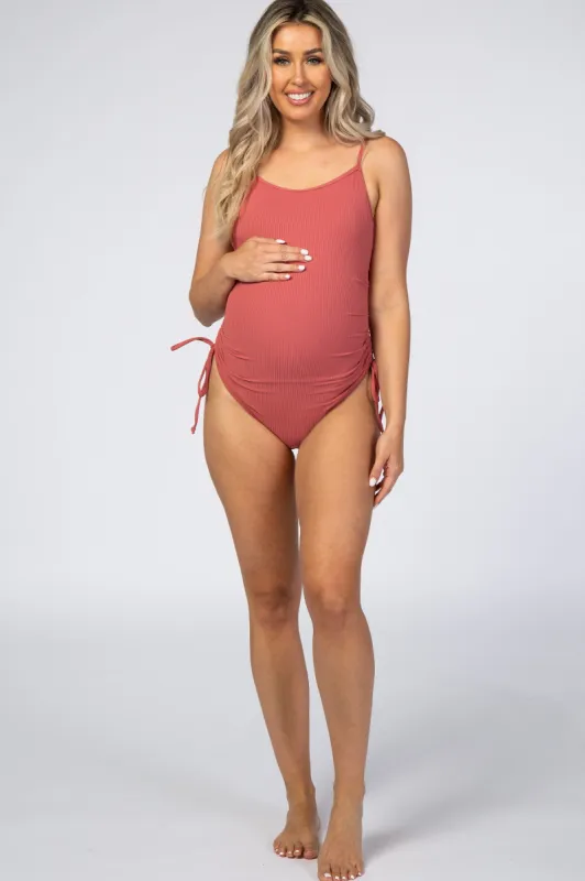 Mauve Ribbed Side Tie One-Piece Maternity Swimsuit sold by Pinkblush