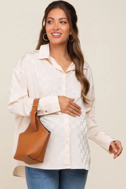 Beige Checkered Satin Button Up Maternity Top sold by Pinkblush