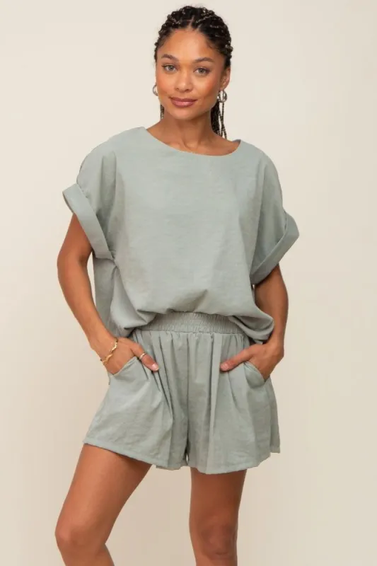 Light Olive Short Cuffed Sleeve Top and Short Set sold by Pinkblush