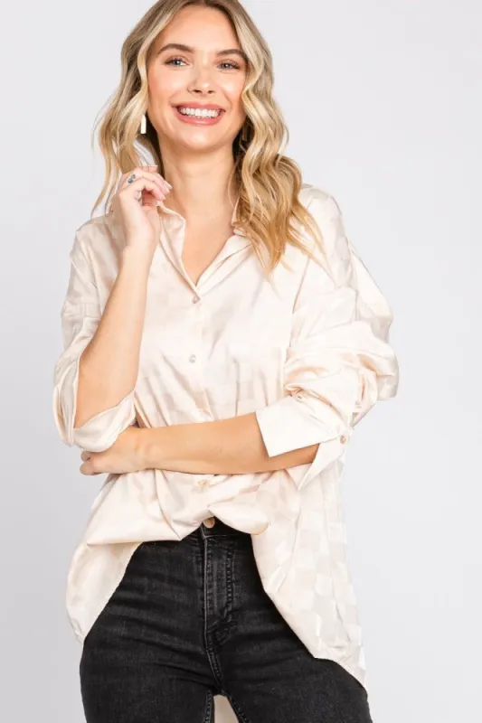 Beige Checkered Satin Button Up Top sold by Pinkblush