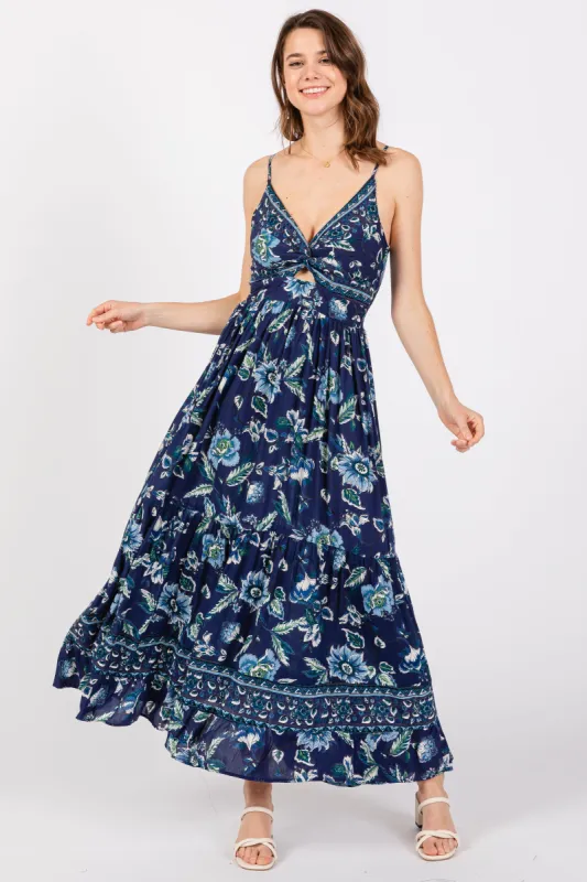 Navy Blue Floral Front Knot Twist Maxi Dress sold by Pinkblush