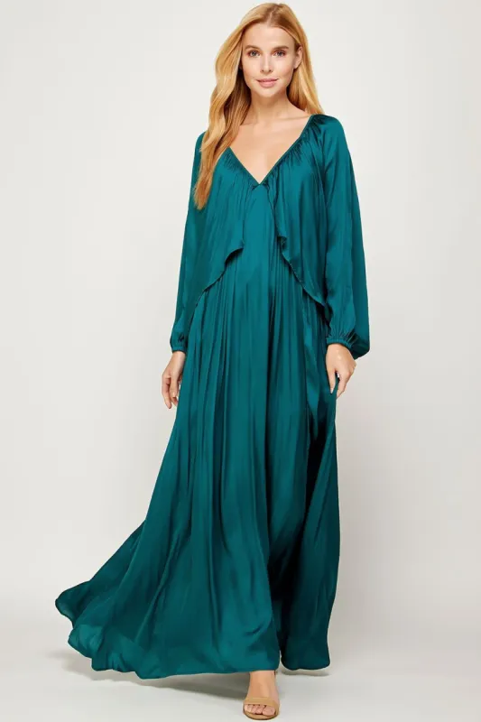 Teal Green Shirred Satin Balloon Sleeve Maxi Dress sold by Pinkblush