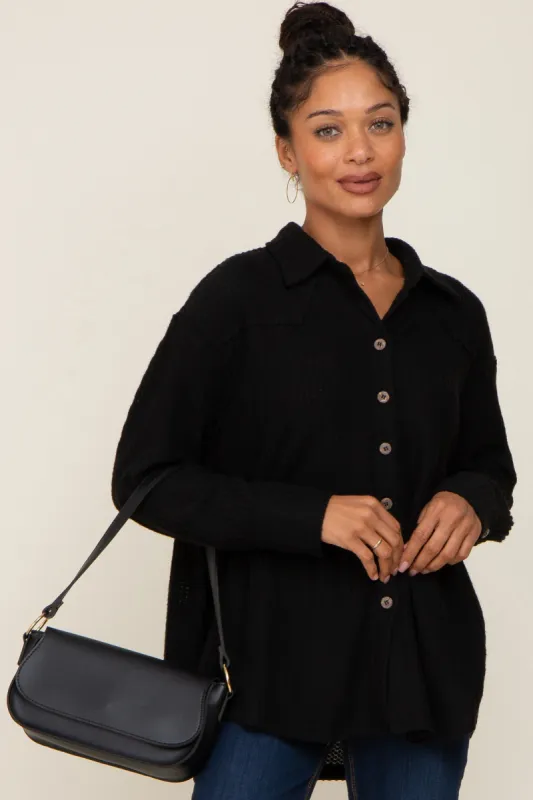Black Waffle Knit Button Down Top sold by Pinkblush