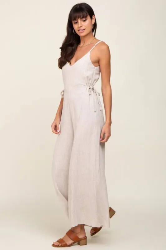 Beige Linen Criss Cross Back Side Tie Wide Leg Jumpsuit sold by Pinkblush