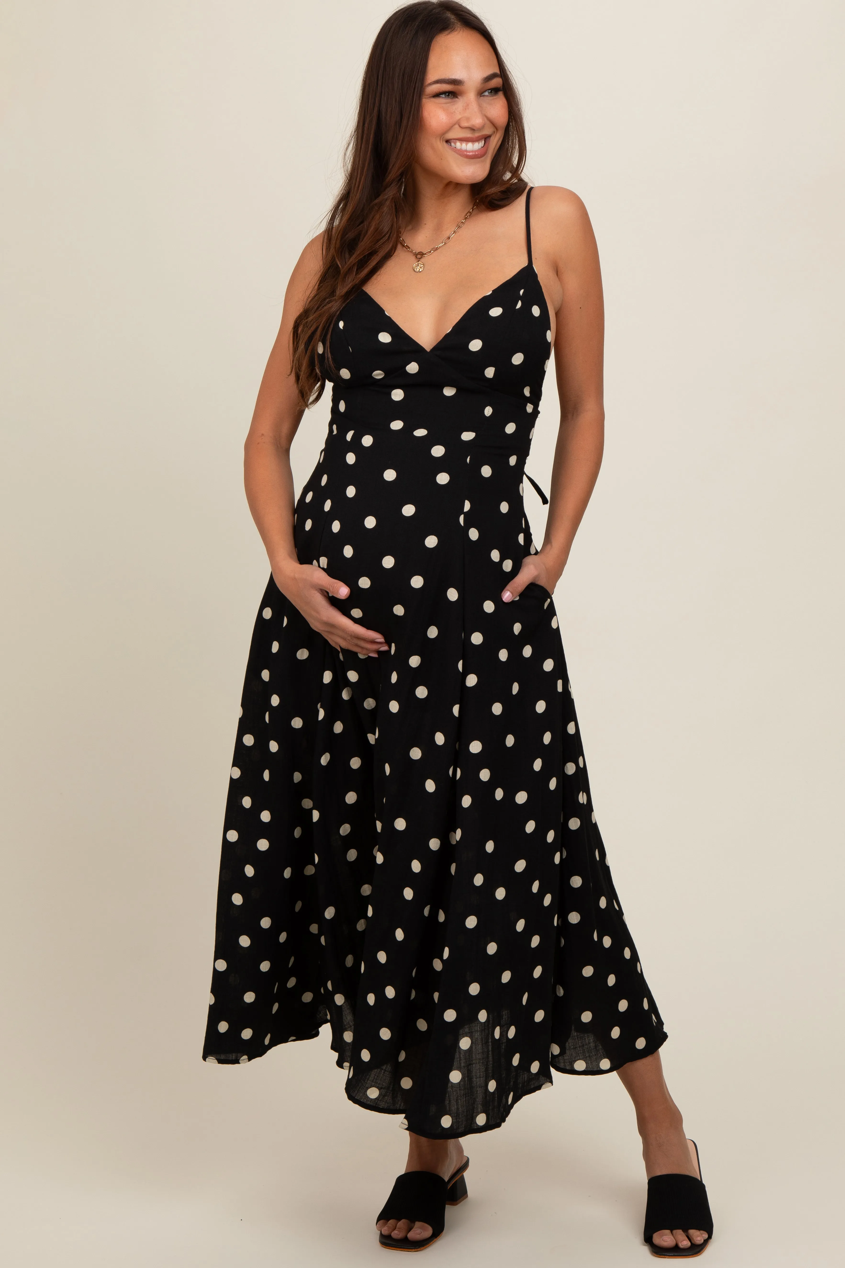Black Polka Dot Lace Up Button Back Maternity Midi Dress sold by Pinkblush