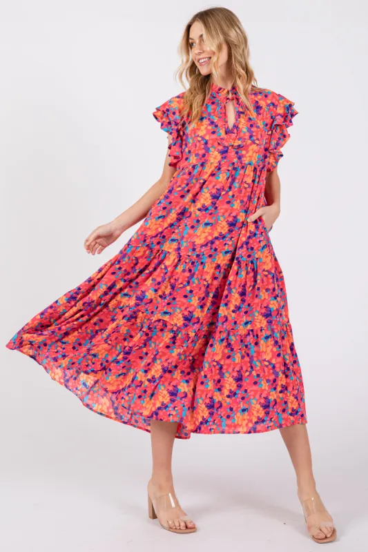 Fuchsia Layered Ruffle Shoulder Tiered Midi Dress sold by Pinkblush