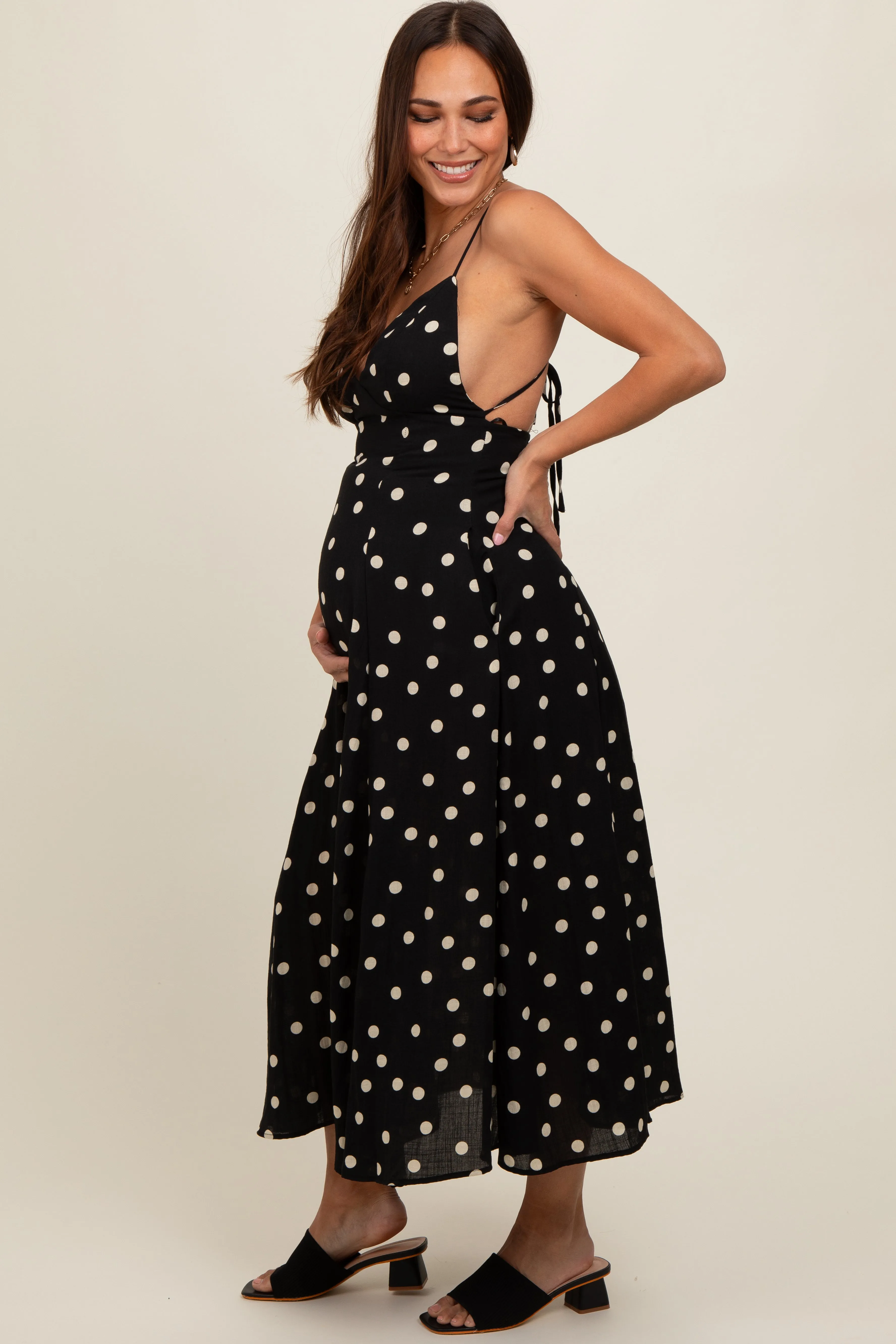 Black Polka Dot Lace Up Button Back Maternity Midi Dress sold by Pinkblush product image thumbnail 2
