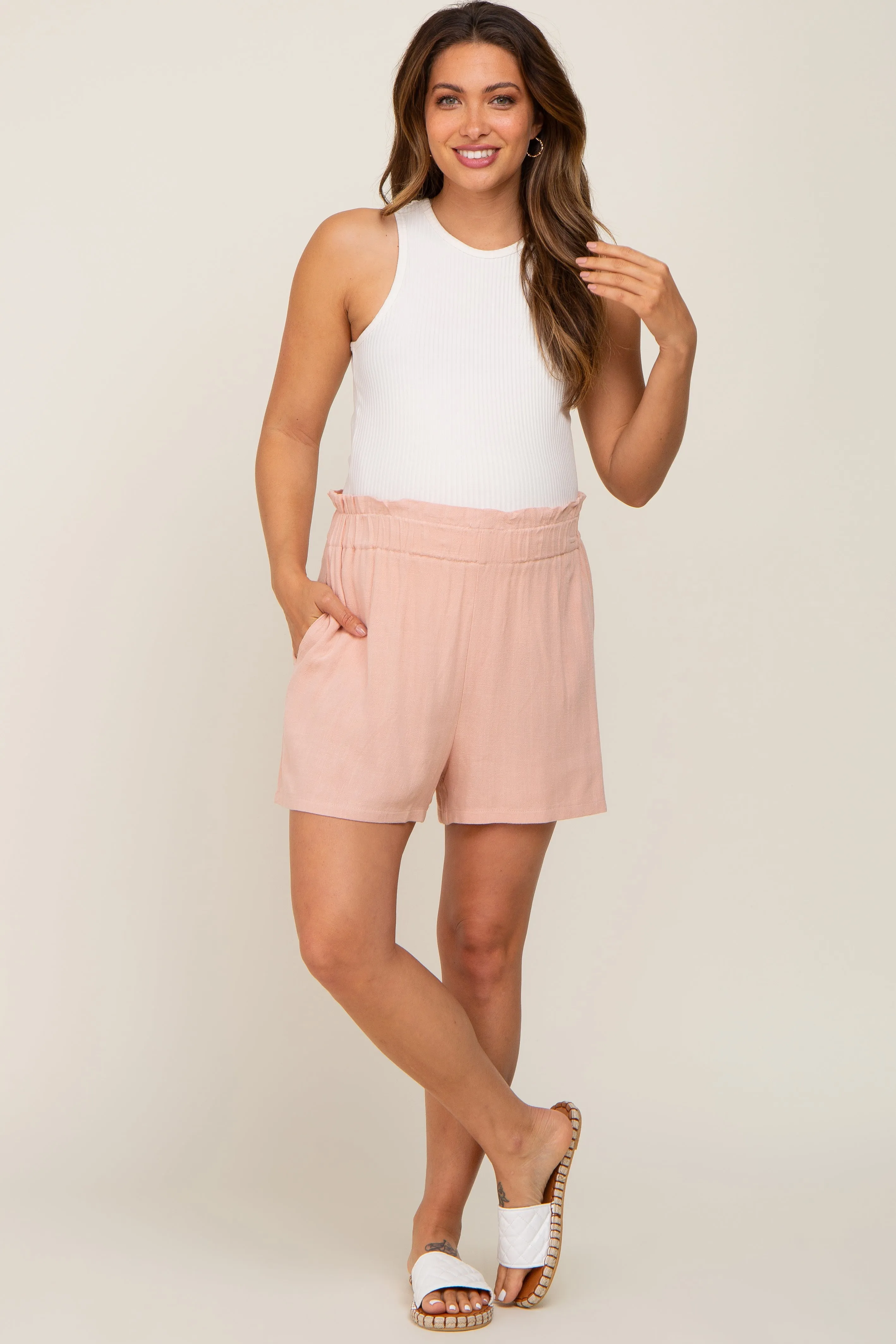Peach Linen Ruffled Maternity Shorts sold by Pinkblush