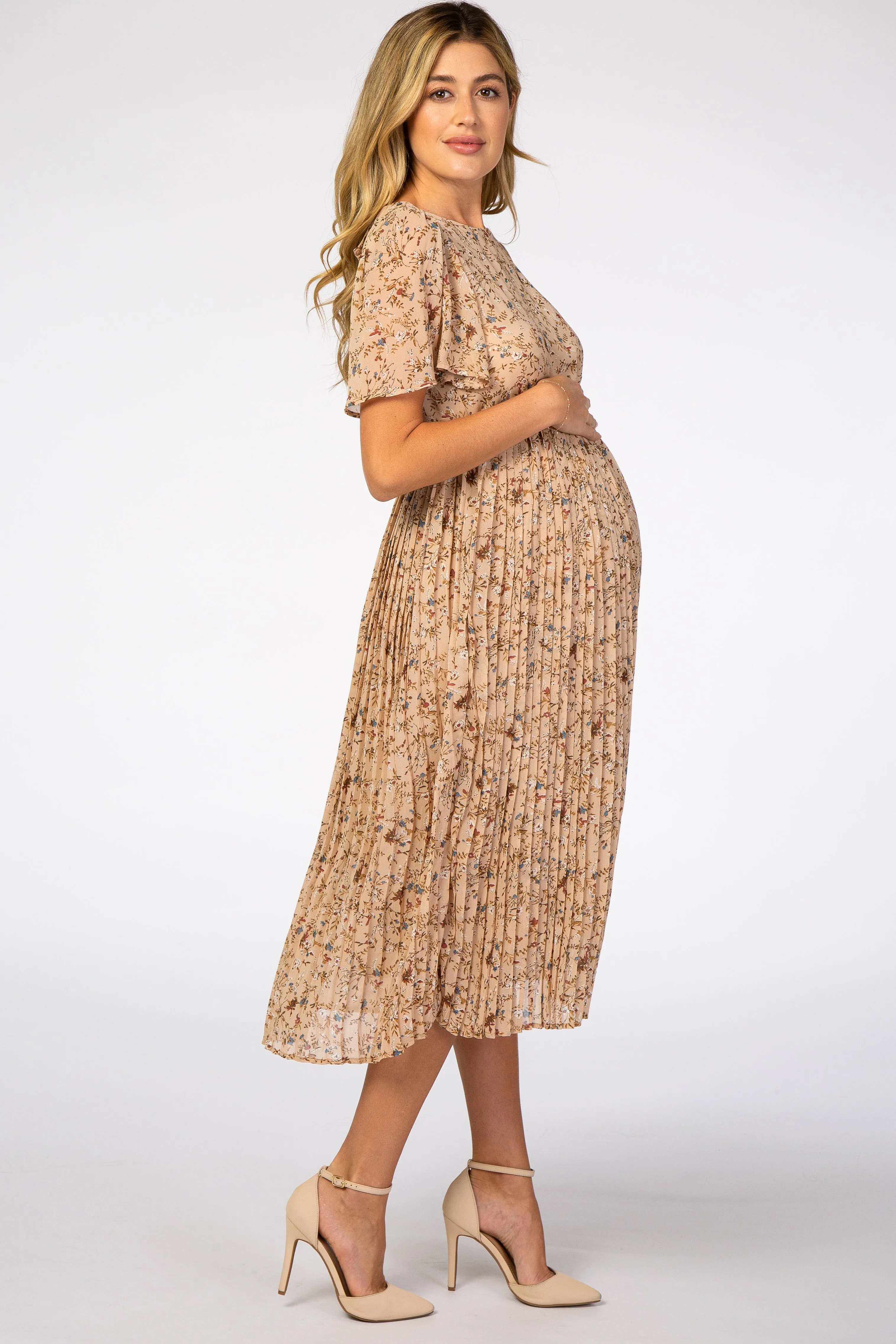 Beige Floral Pleated Short Sleeve Chiffon Maternity Midi Dress sold by Pinkblush product image thumbnail 2