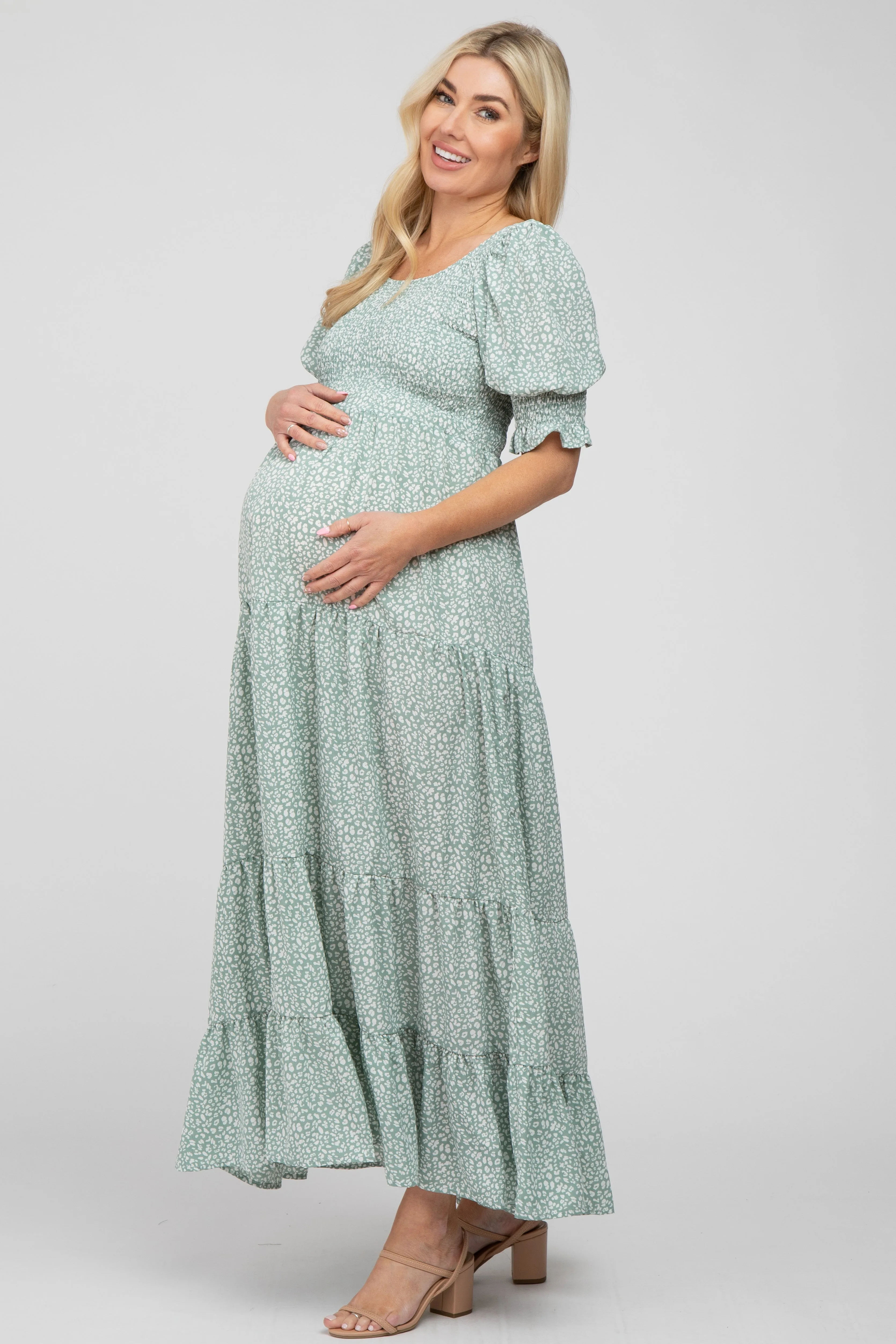 Mint Animal Print Smocked Tiered Maternity Maxi Dress sold by Pinkblush product image thumbnail 2