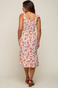 Ivory Floral Shoulder Tie Smocked Maternity Midi Dress sold by Pinkblush