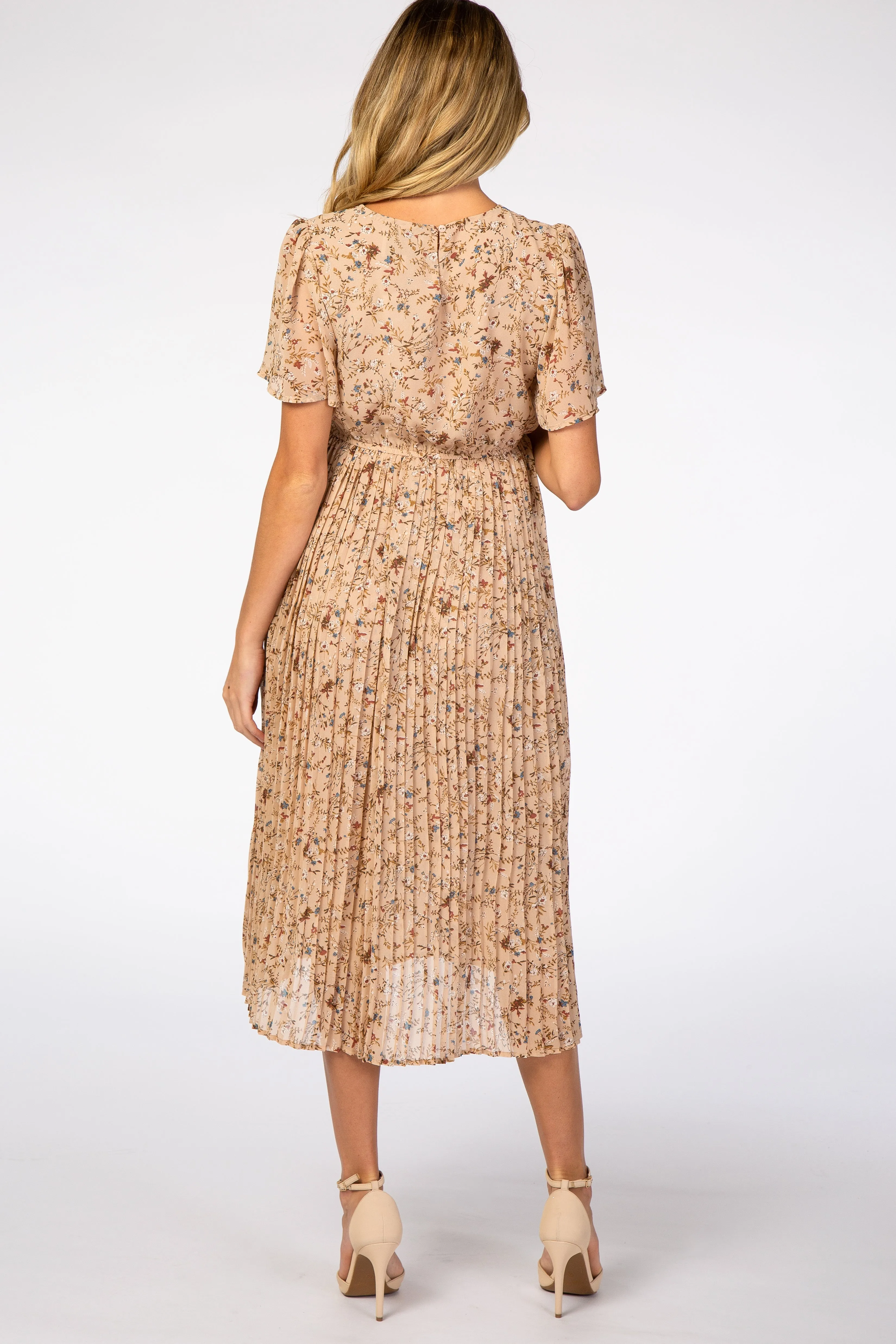 Beige Floral Pleated Short Sleeve Chiffon Maternity Midi Dress sold by Pinkblush product image thumbnail 3