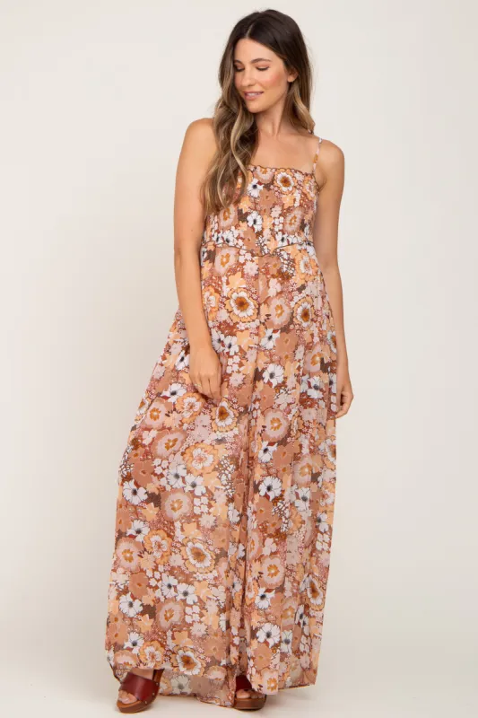 Camel Floral Sleeveless Maternity Jumpsuit sold by Pinkblush