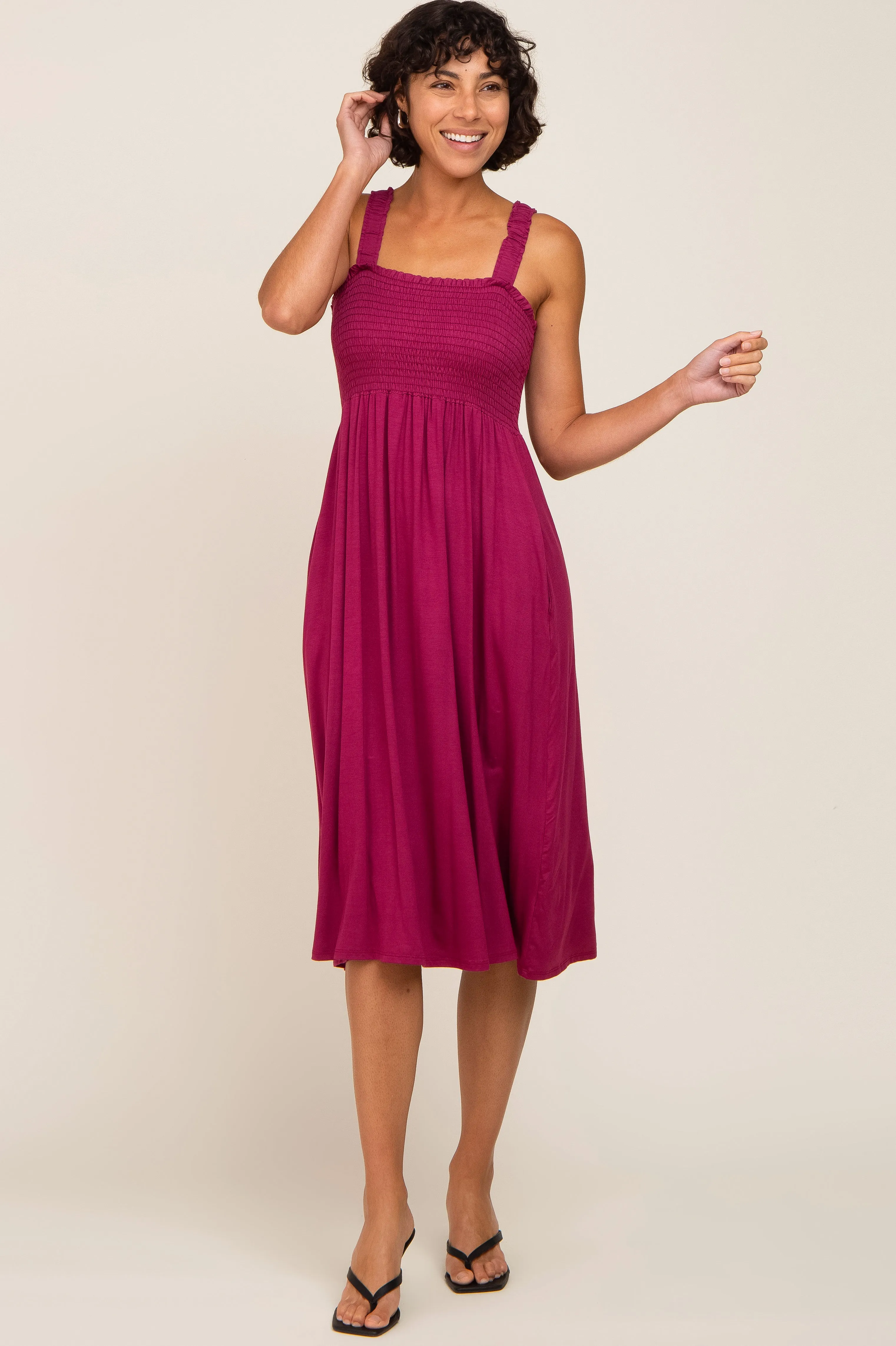 Magenta Smocked Ruffle Strap Midi Dress sold by Pinkblush