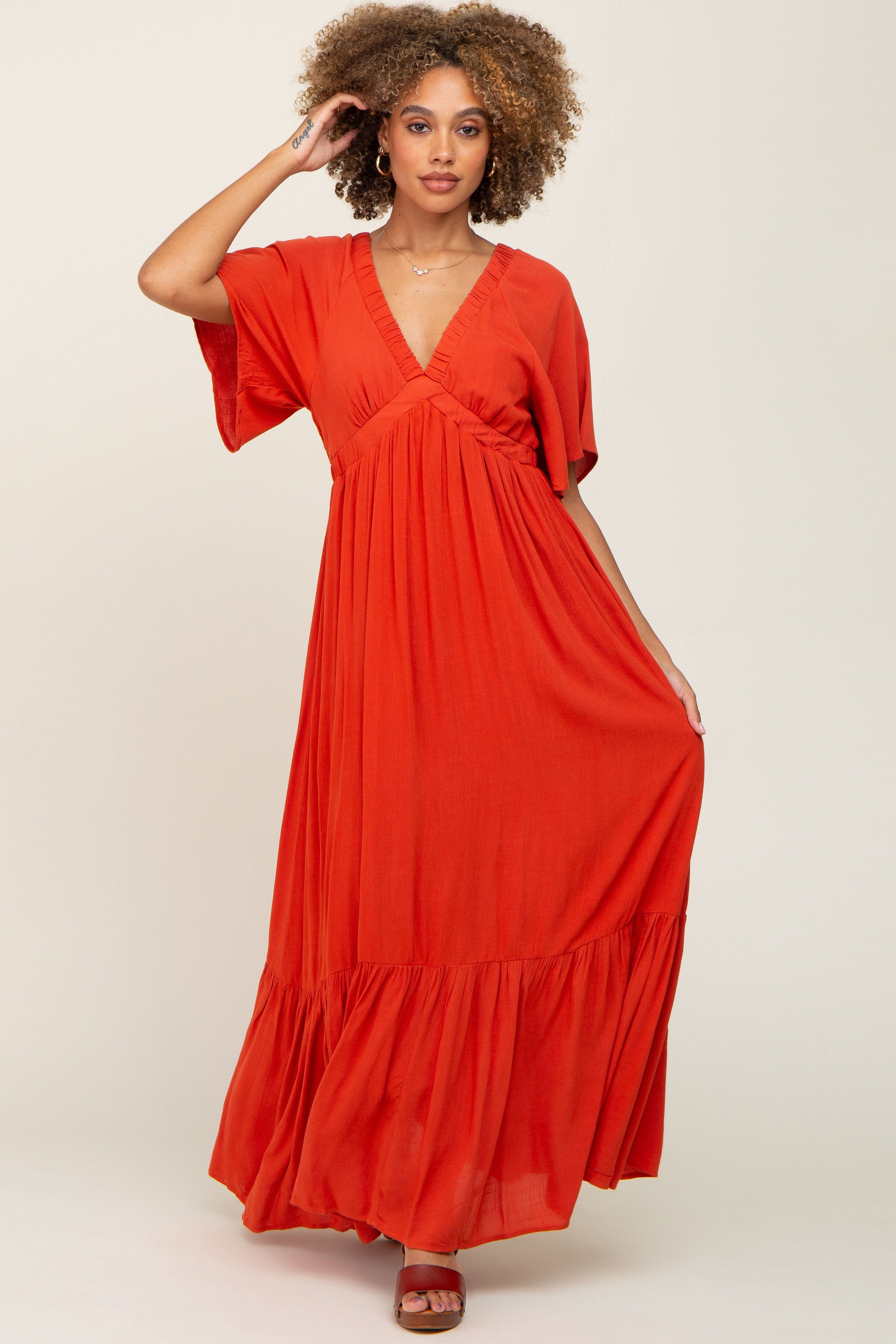 Rust V-Neck Flounce Sleeve Maternity Maxi Dress sold by Pinkblush product image thumbnail 4