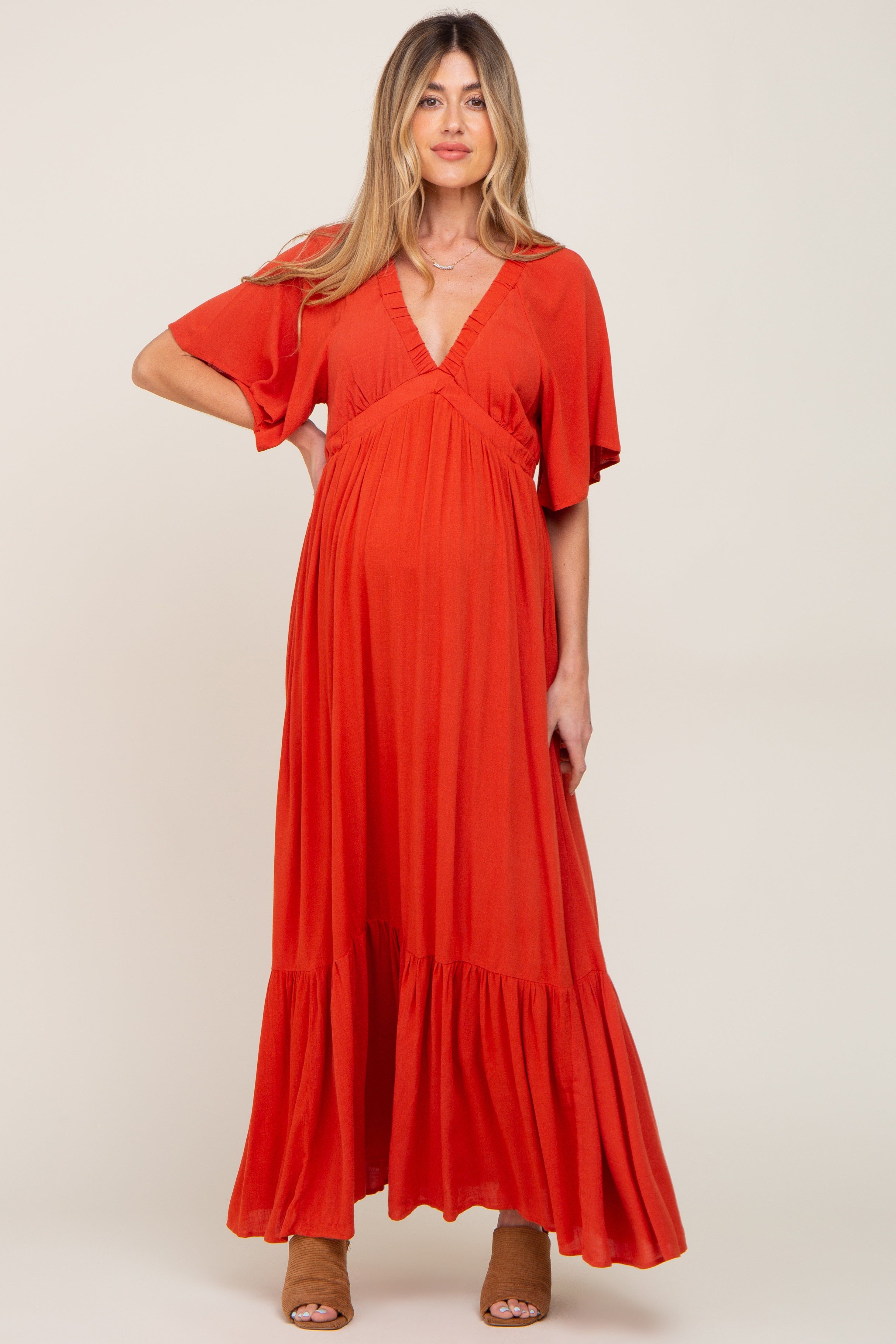 Rust V-Neck Flounce Sleeve Maternity Maxi Dress sold by Pinkblush