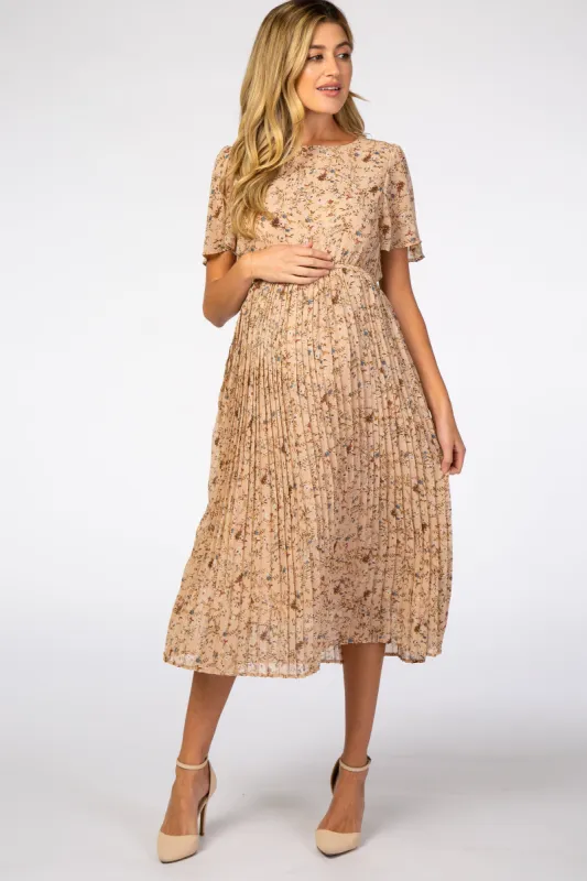 Beige Floral Pleated Short Sleeve Chiffon Maternity Midi Dress sold by Pinkblush