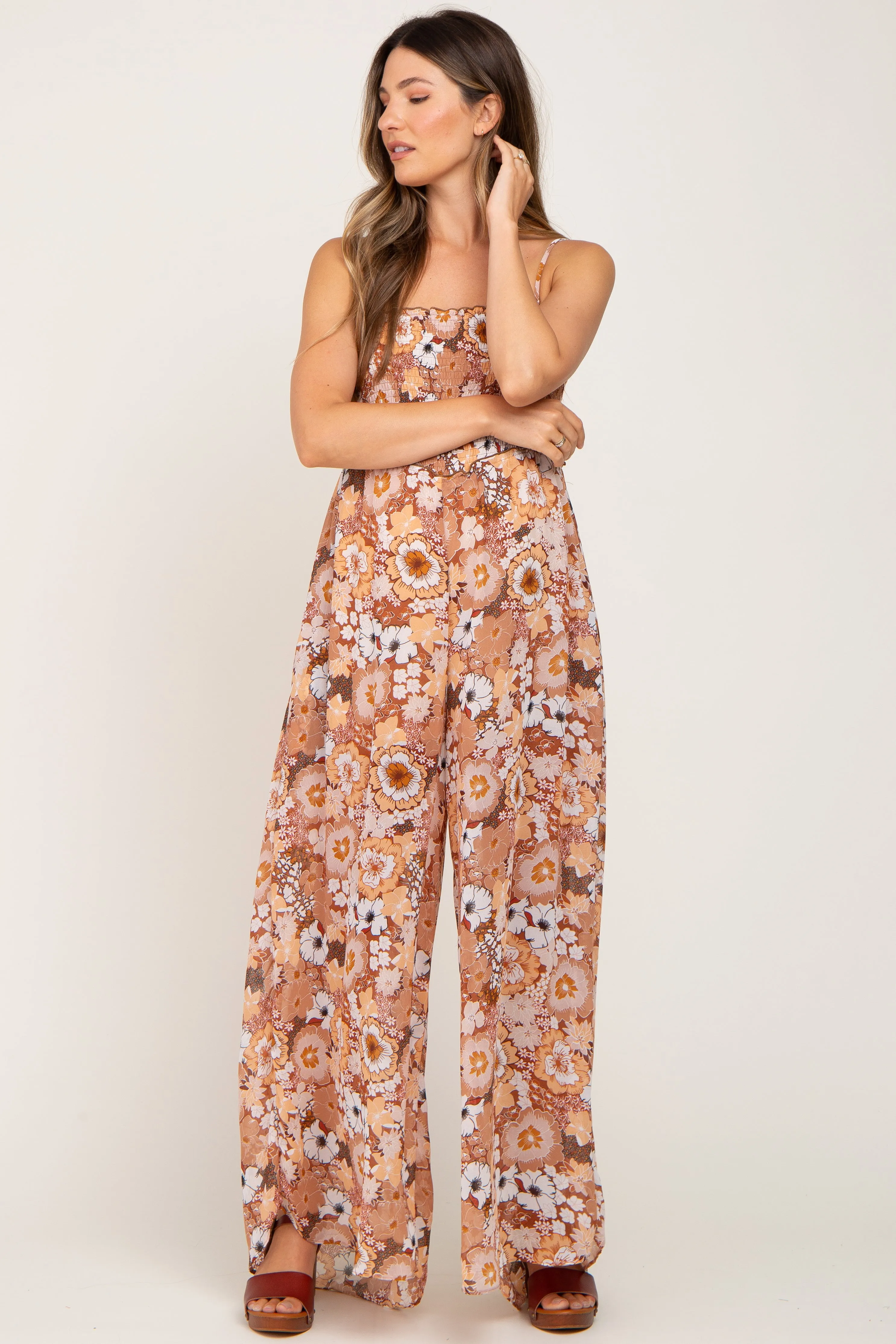 Camel Floral Sleeveless Maternity Jumpsuit sold by Pinkblush product image thumbnail 5
