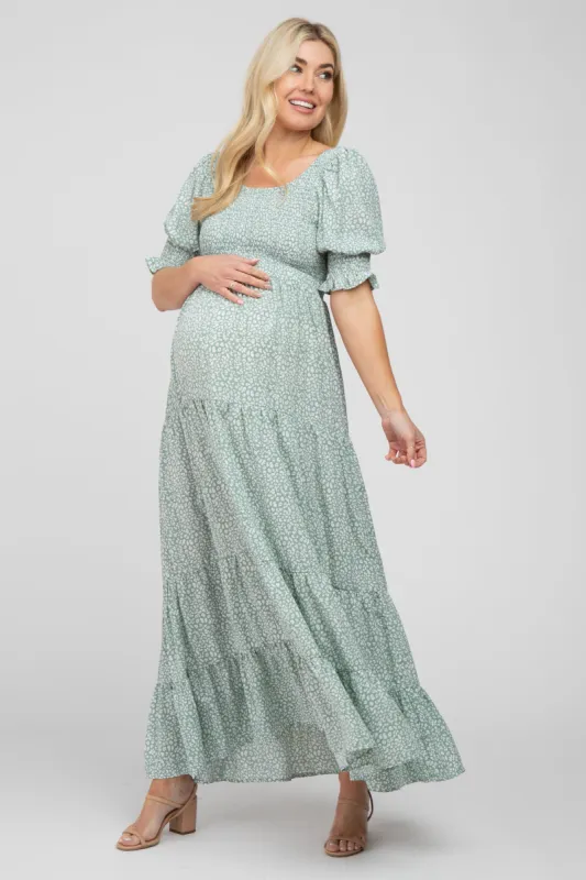 Mint Animal Print Smocked Tiered Maternity Maxi Dress sold by Pinkblush