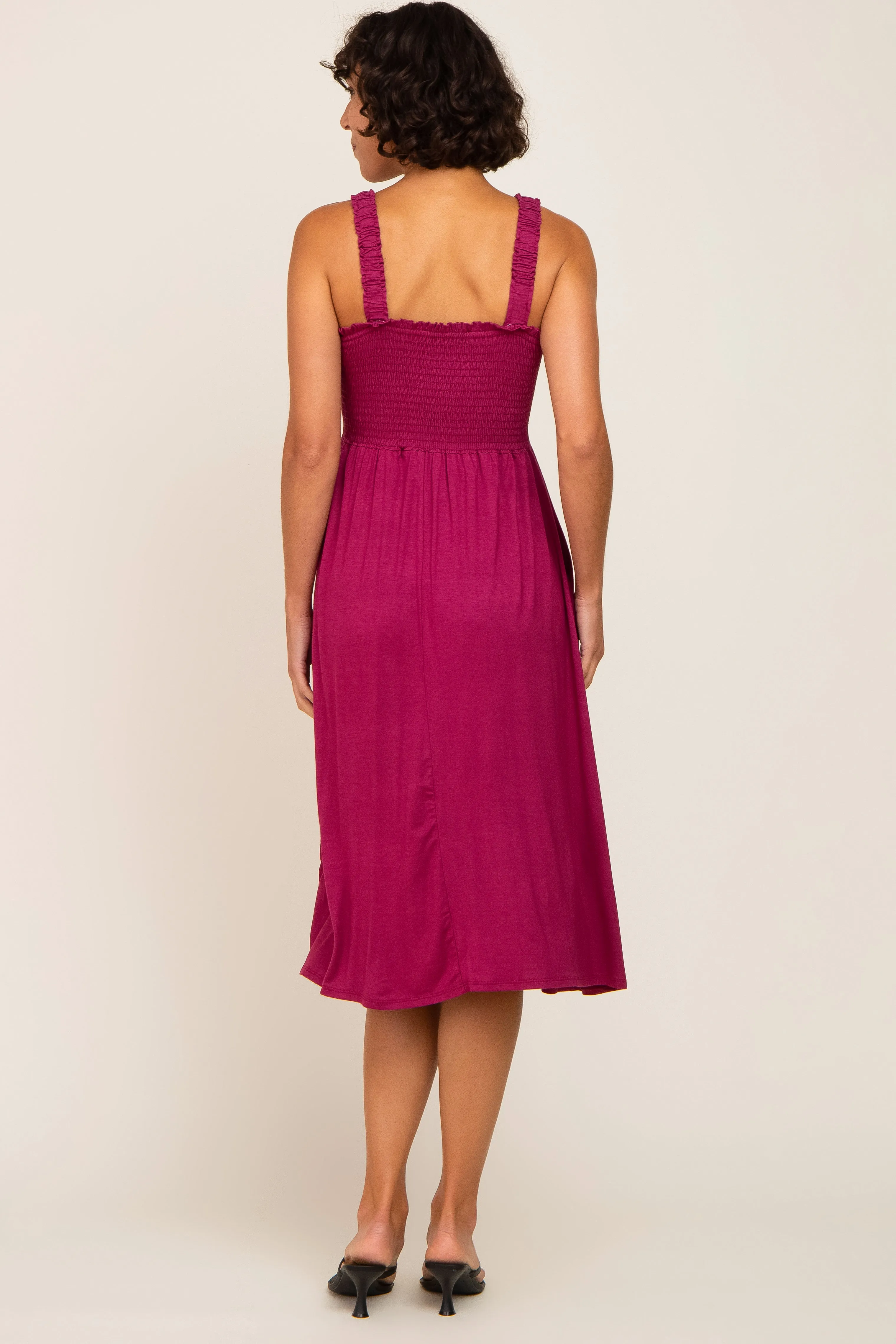 Magenta Smocked Ruffle Strap Midi Dress sold by Pinkblush product image thumbnail 3