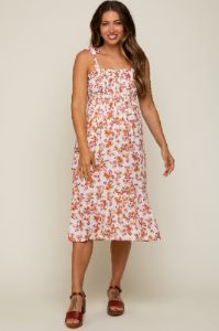 Ivory Floral Shoulder Tie Smocked Maternity Midi Dress sold by Pinkblush