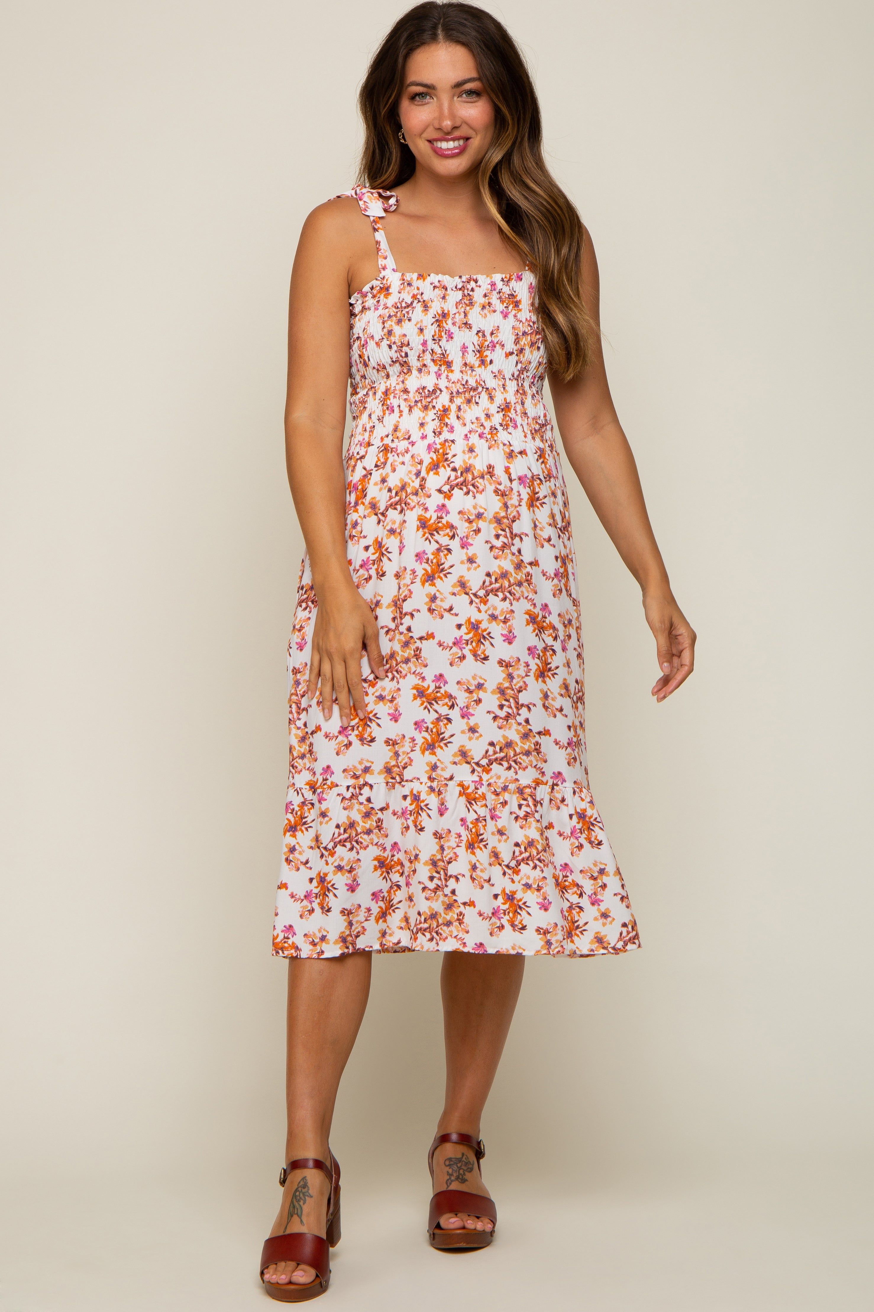 Ivory Floral Shoulder Tie Smocked Maternity Midi Dress sold by Pinkblush product image thumbnail 5