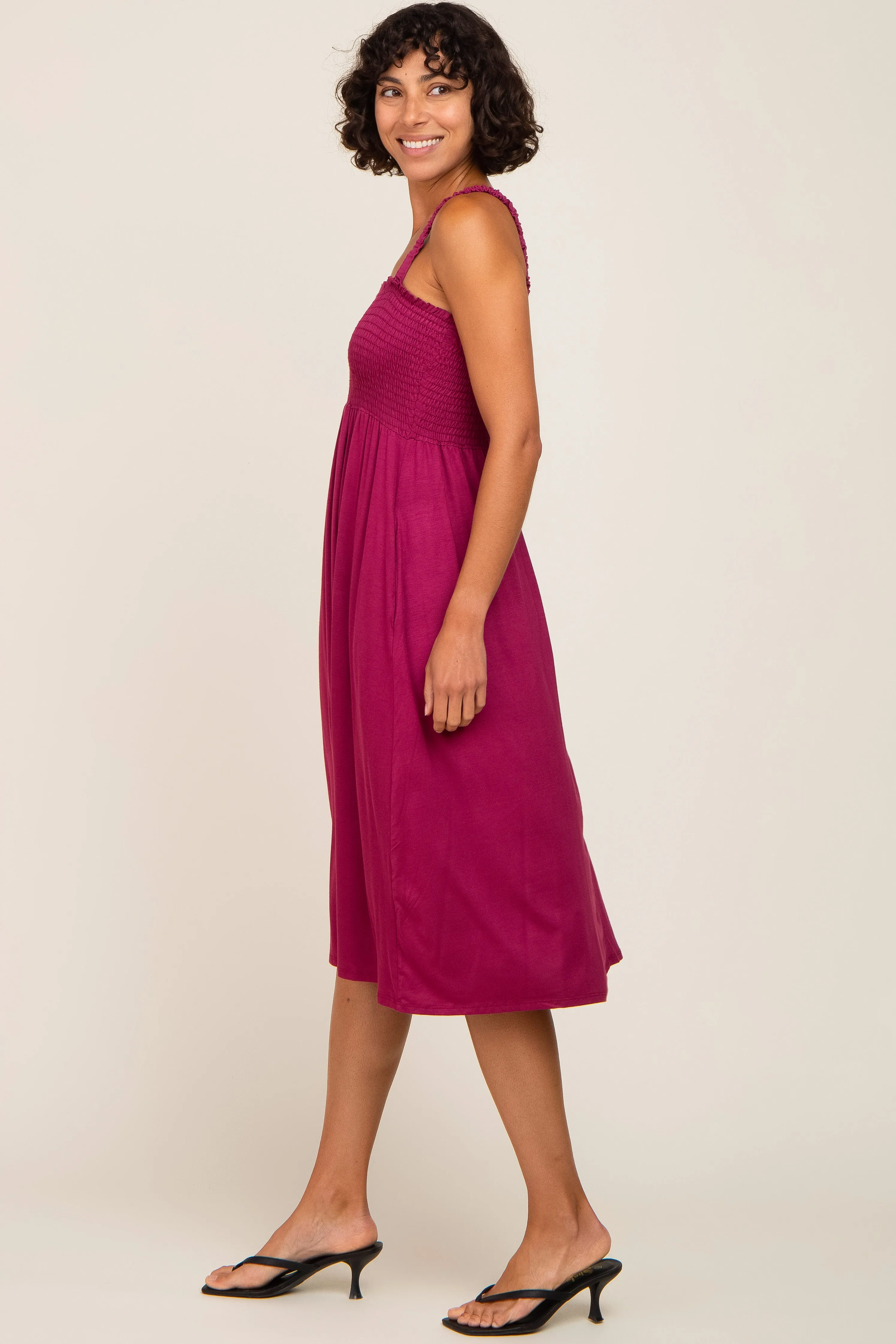 Magenta Smocked Ruffle Strap Midi Dress sold by Pinkblush product image thumbnail 2