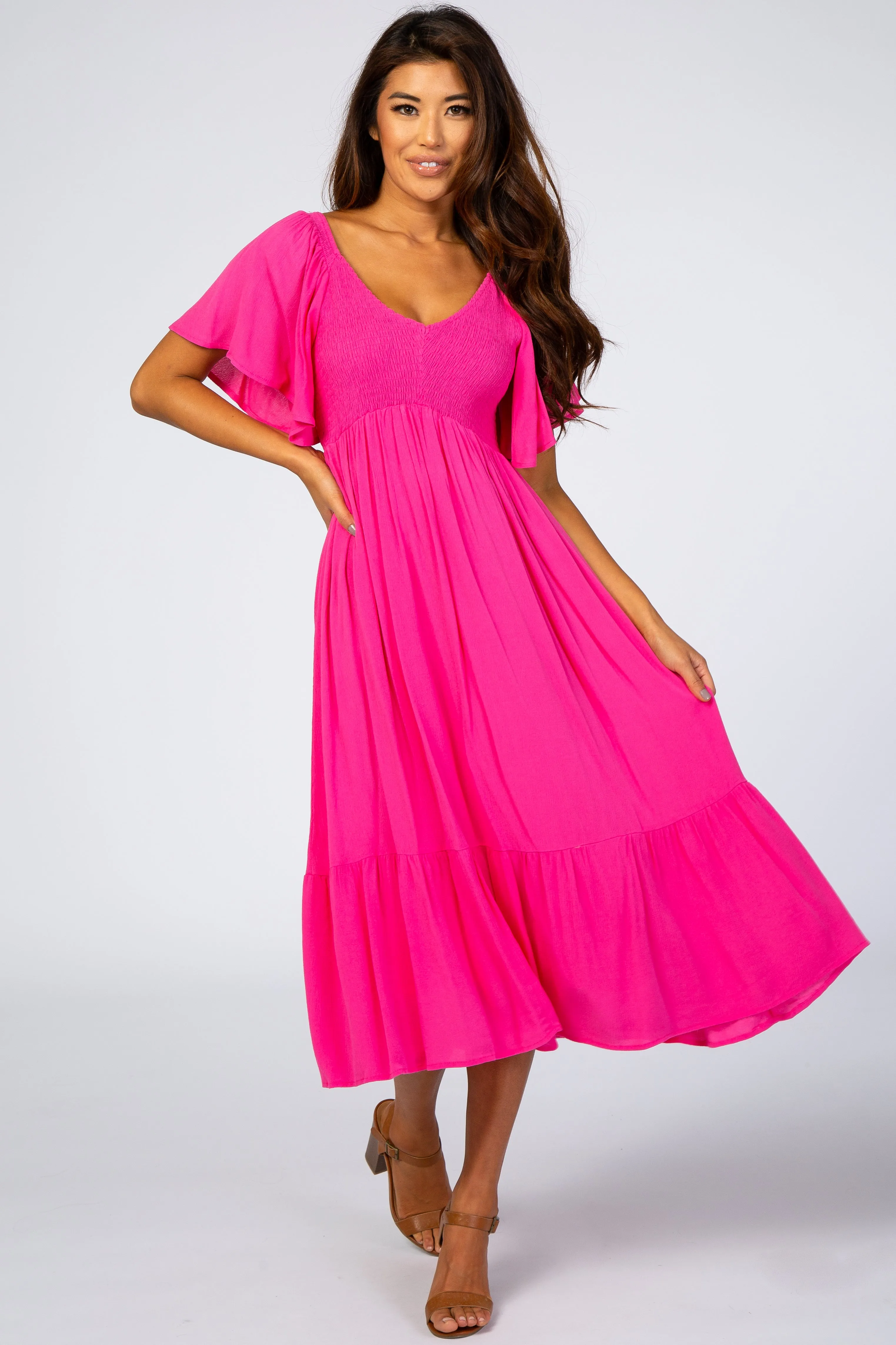 Fuchsia Smocked Ruffle Dress sold by Pinkblush