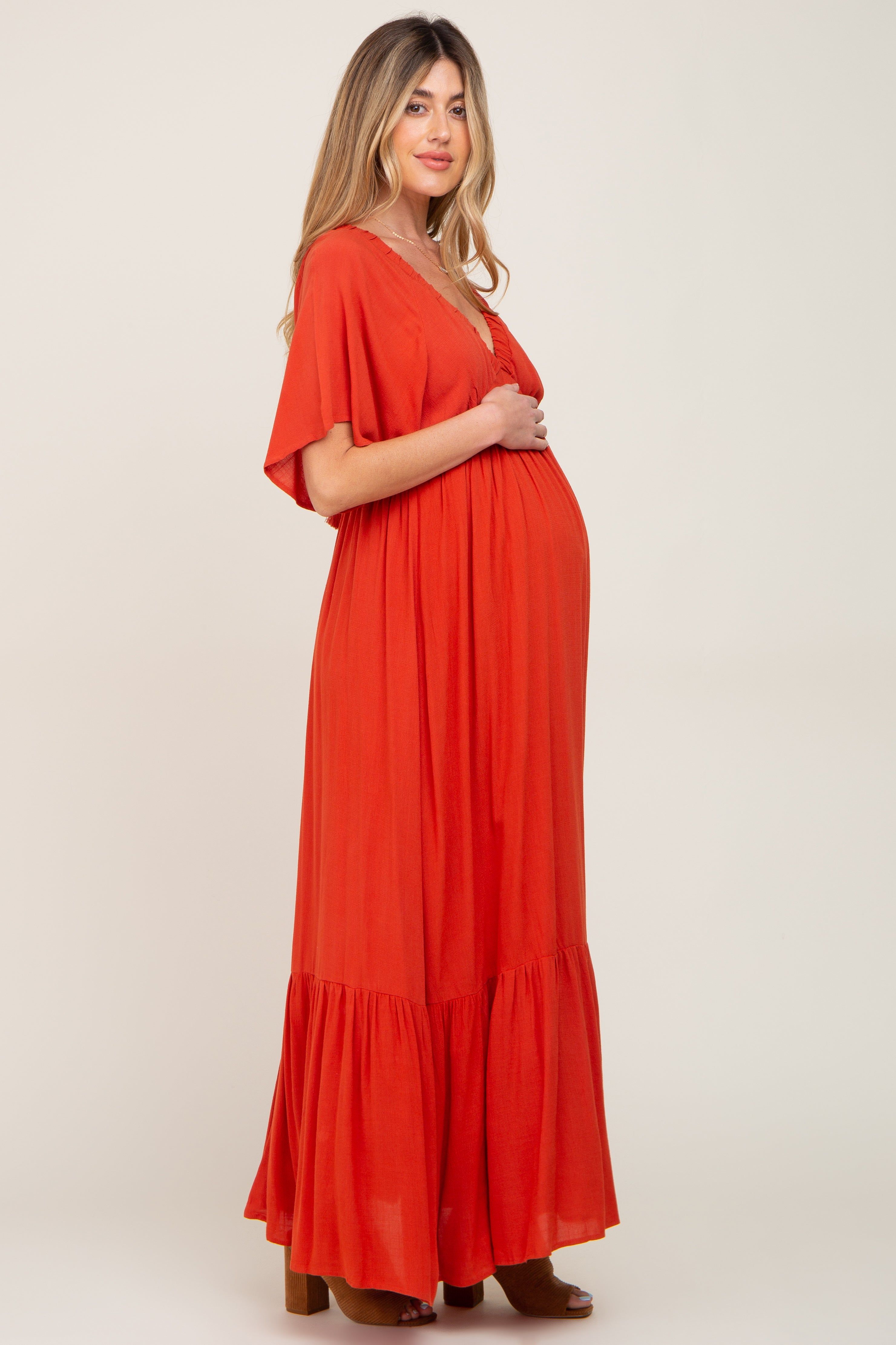 Rust V-Neck Flounce Sleeve Maternity Maxi Dress sold by Pinkblush product image thumbnail 2