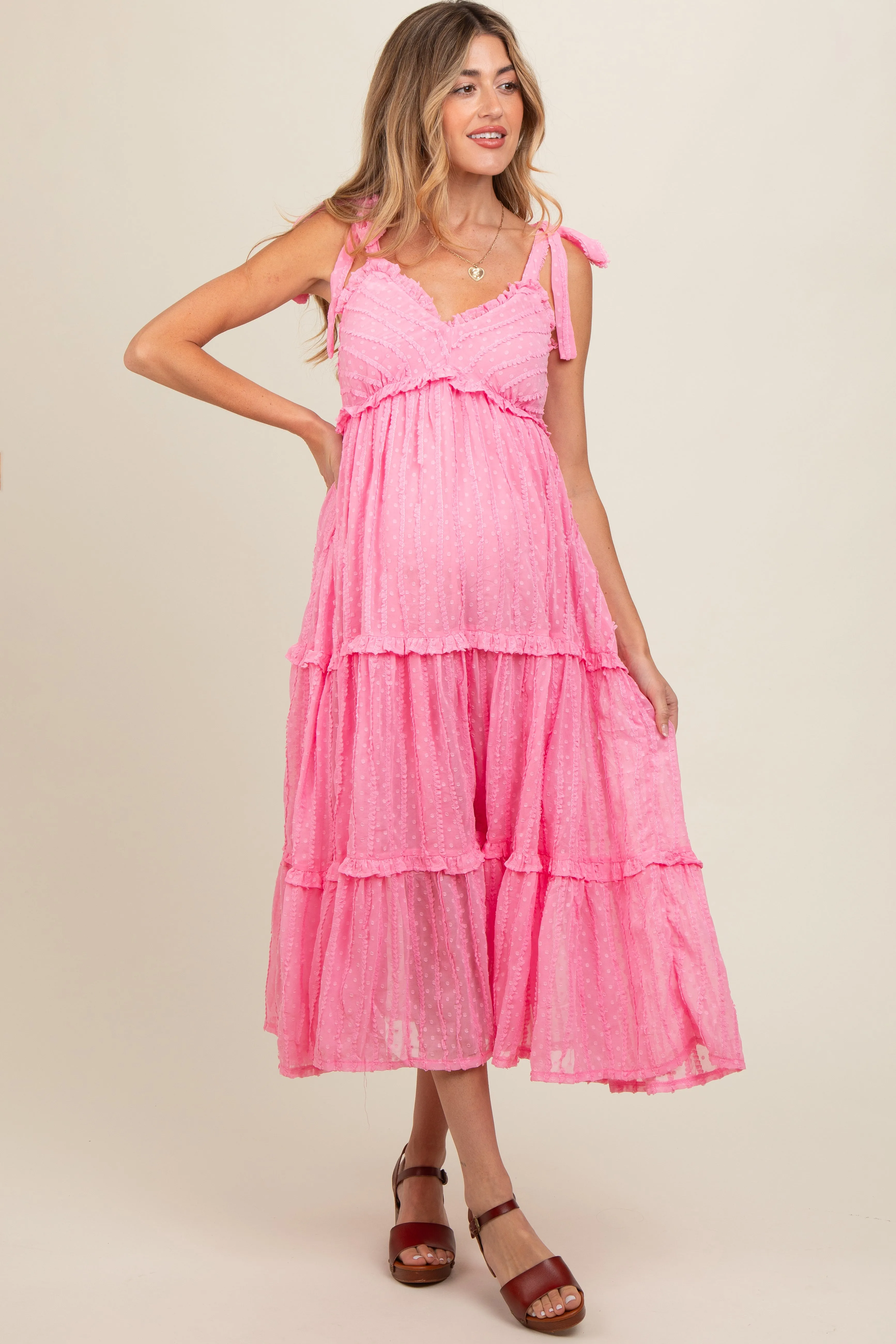 Pink Textured Tie Strap Tiered Maternity Midi Dress sold by Pinkblush