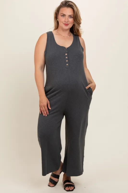 Charcoal Ribbed Button Front Sleeveless Plus Maternity Jumpsuit sold by Pinkblush