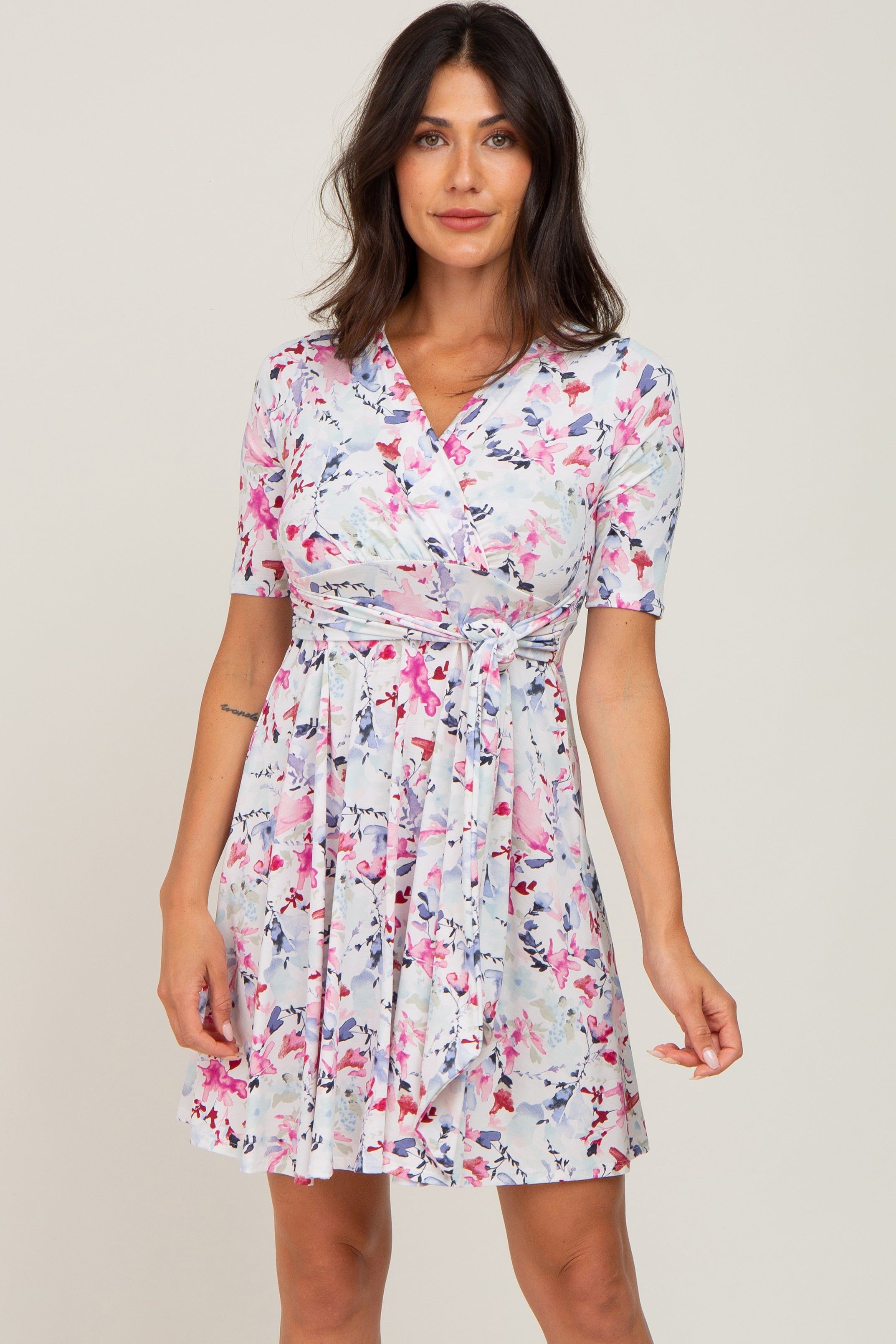 Ivory Floral Waist Tie Dress sold by Pinkblush