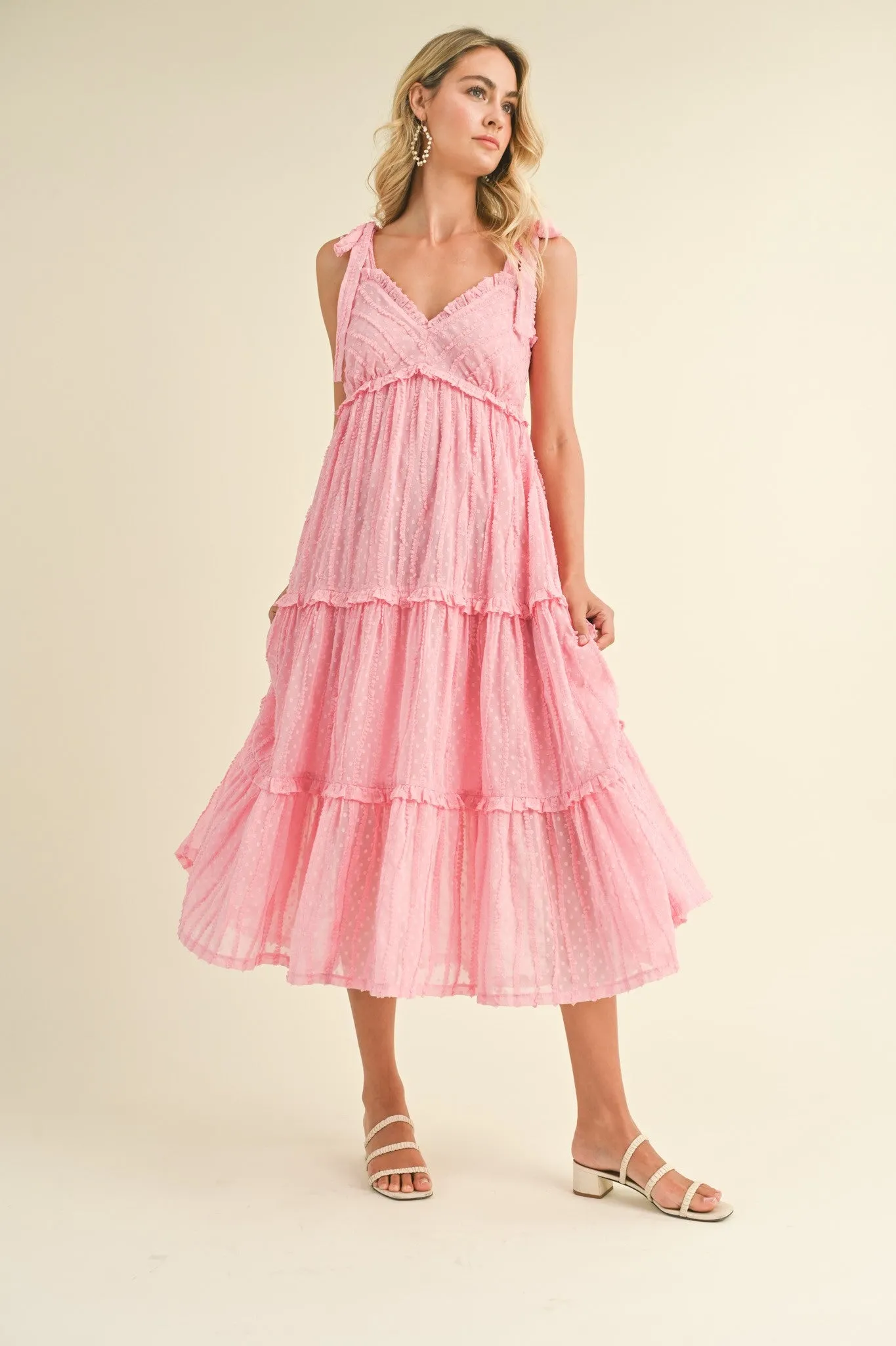 Pink Textured Tie Strap Tiered Maternity Midi Dress sold by Pinkblush product image thumbnail 4