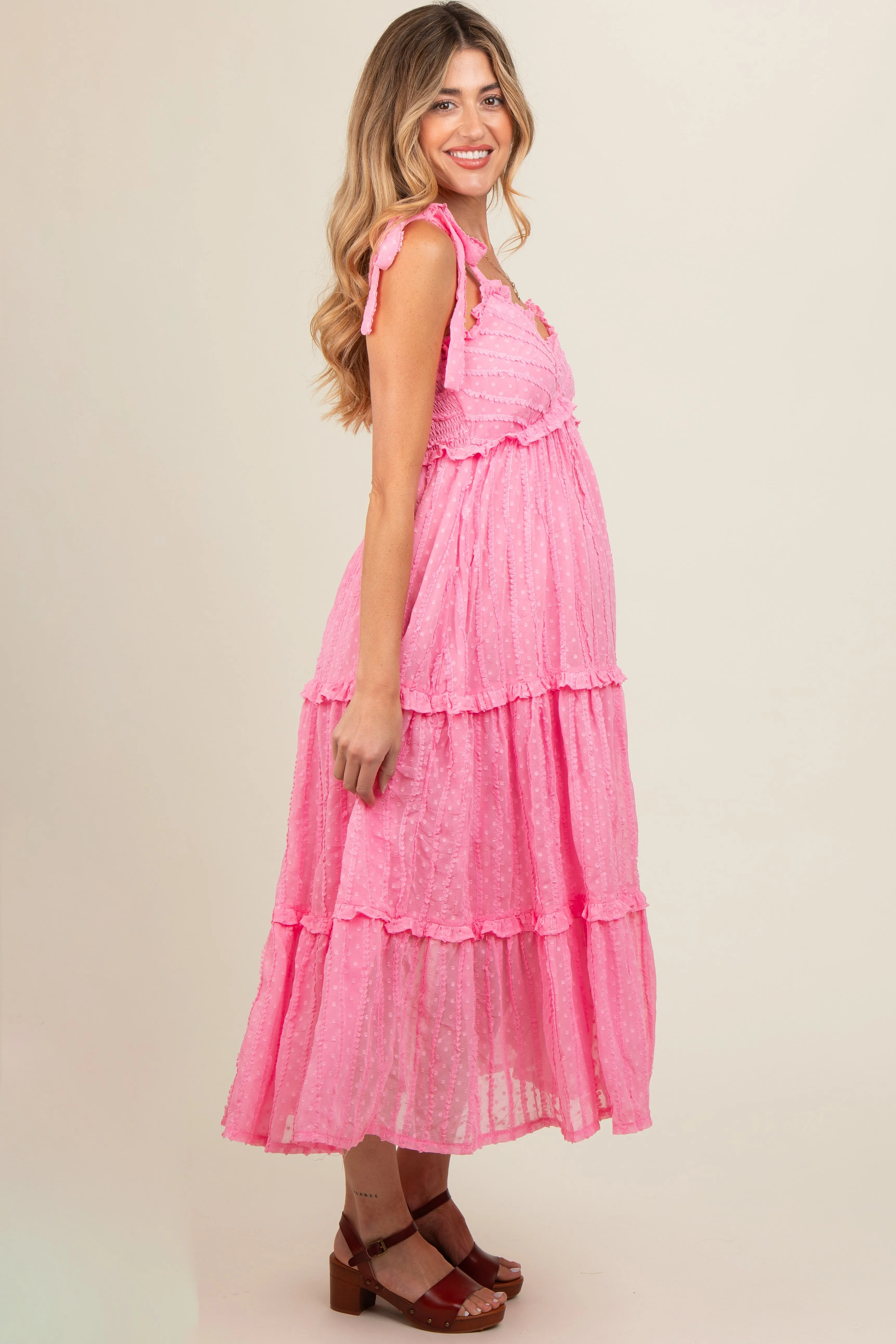 Pink Textured Tie Strap Tiered Maternity Midi Dress sold by Pinkblush product image thumbnail 2