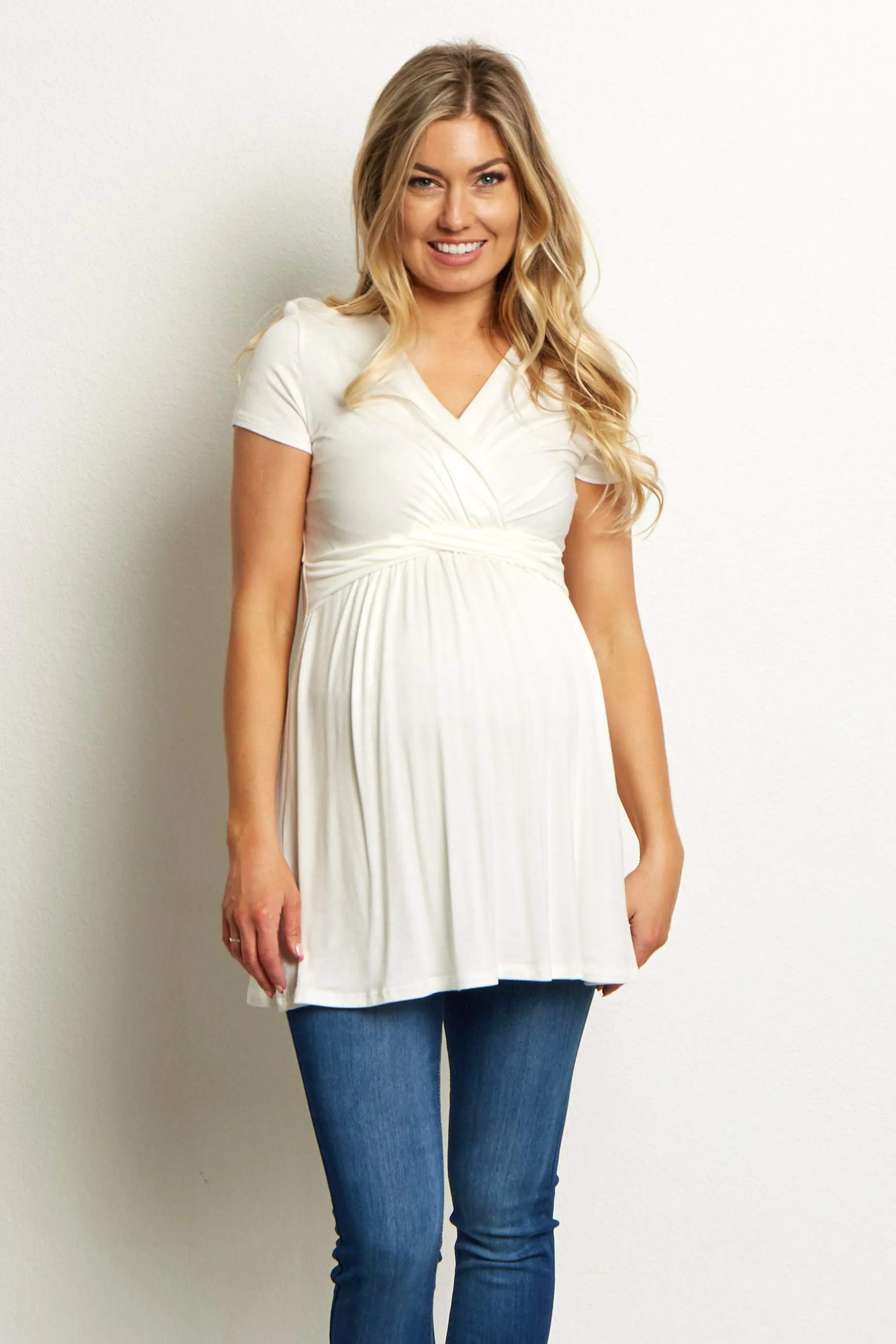 White Draped Front Maternity/Nursing Top sold by Pinkblush