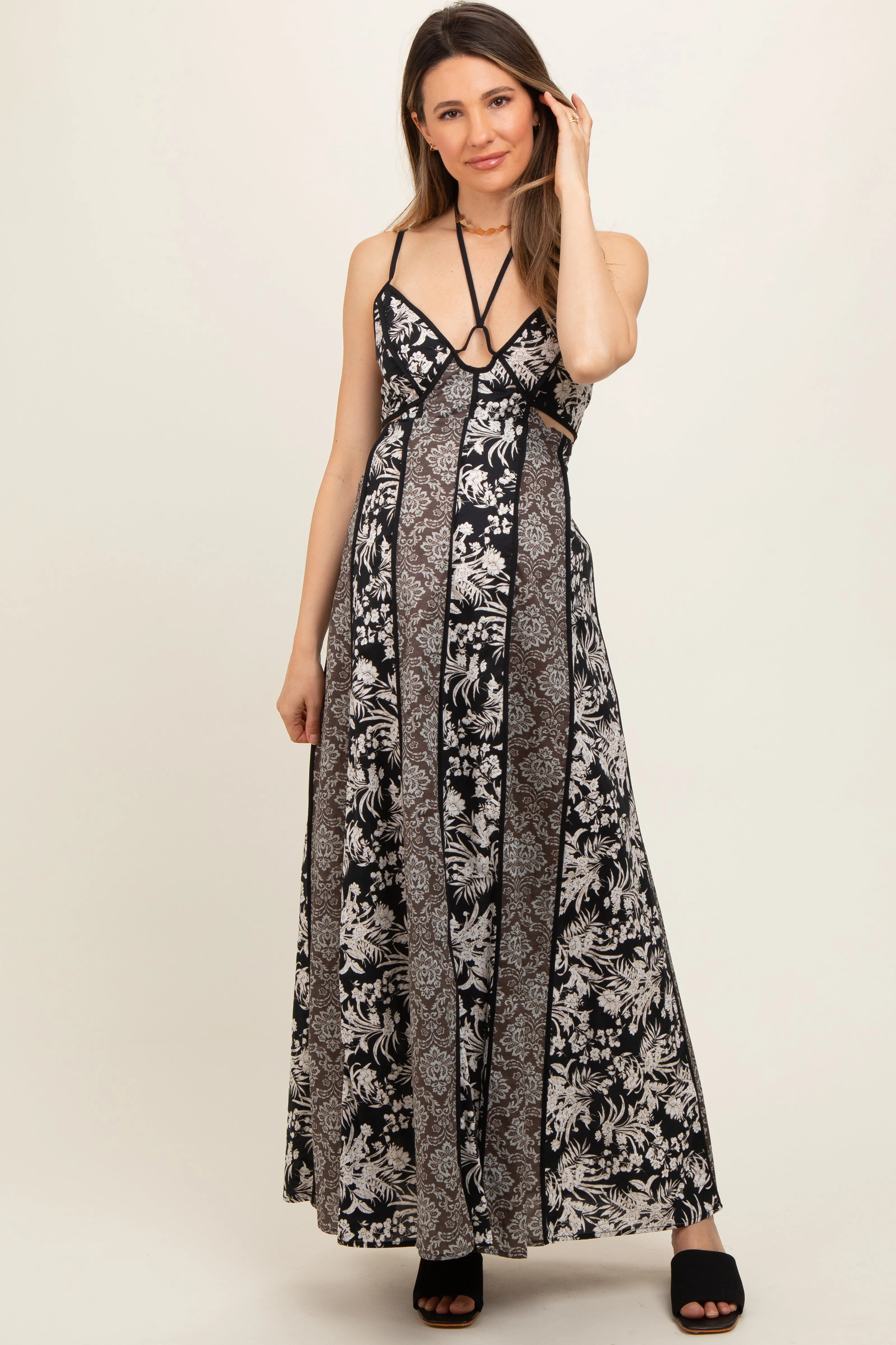 Black Floral Colorblock Cutout Open Back Maternity Maxi Dress sold by Pinkblush