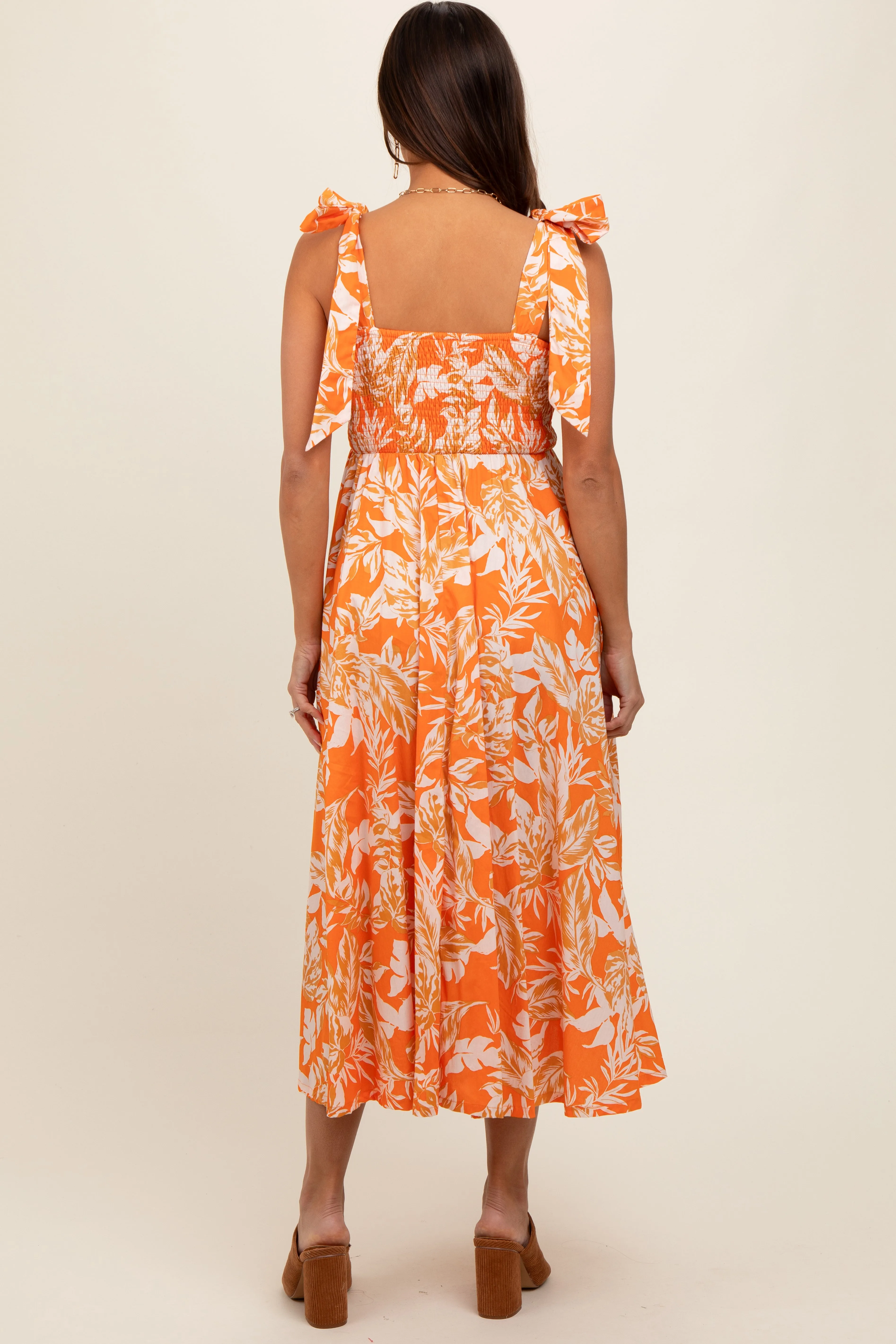 Orange Floral Smocked Tie Shoulder Maternity Midi Dress sold by Pinkblush product image thumbnail 4
