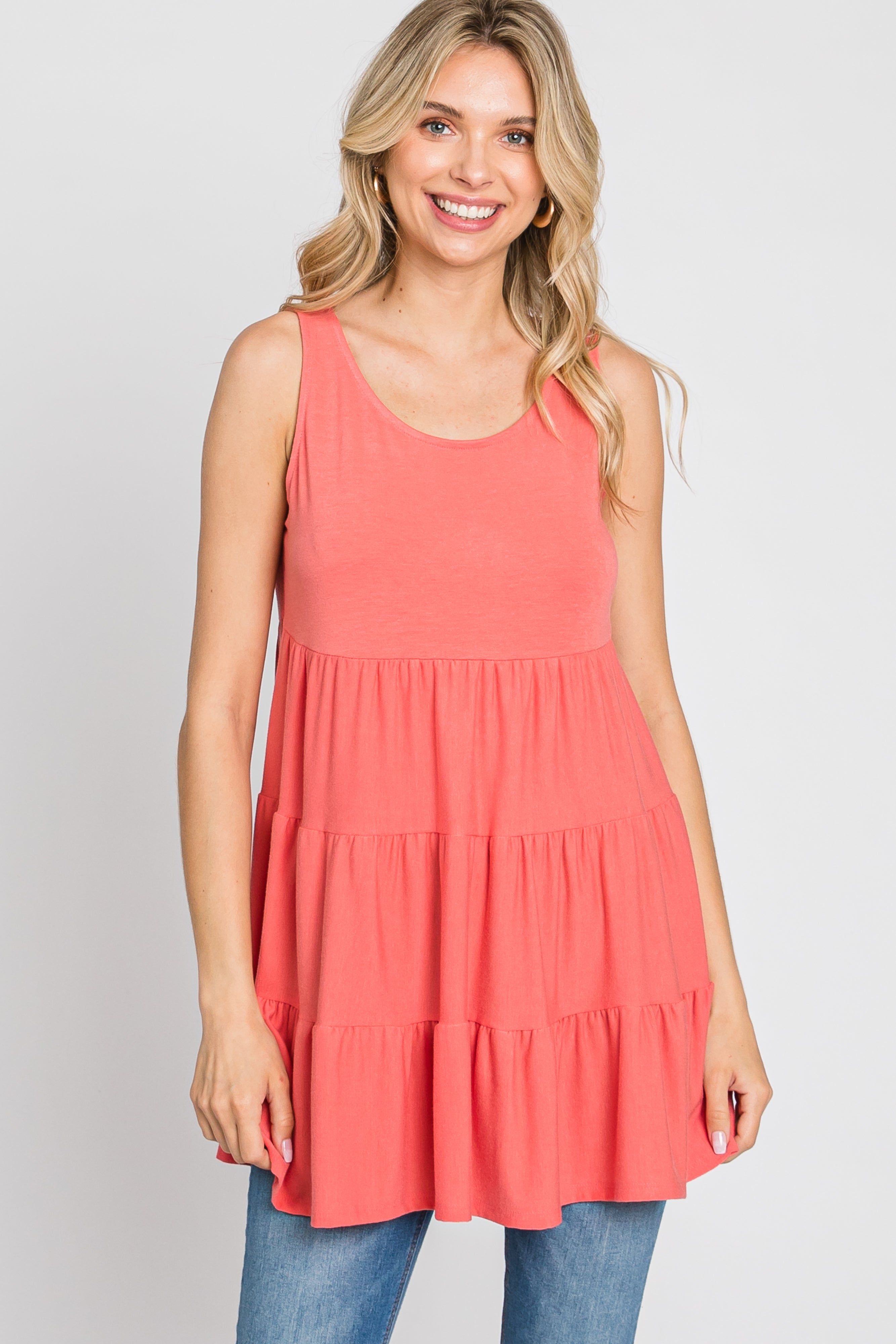 Coral Tiered Sleeveless Top sold by Pinkblush